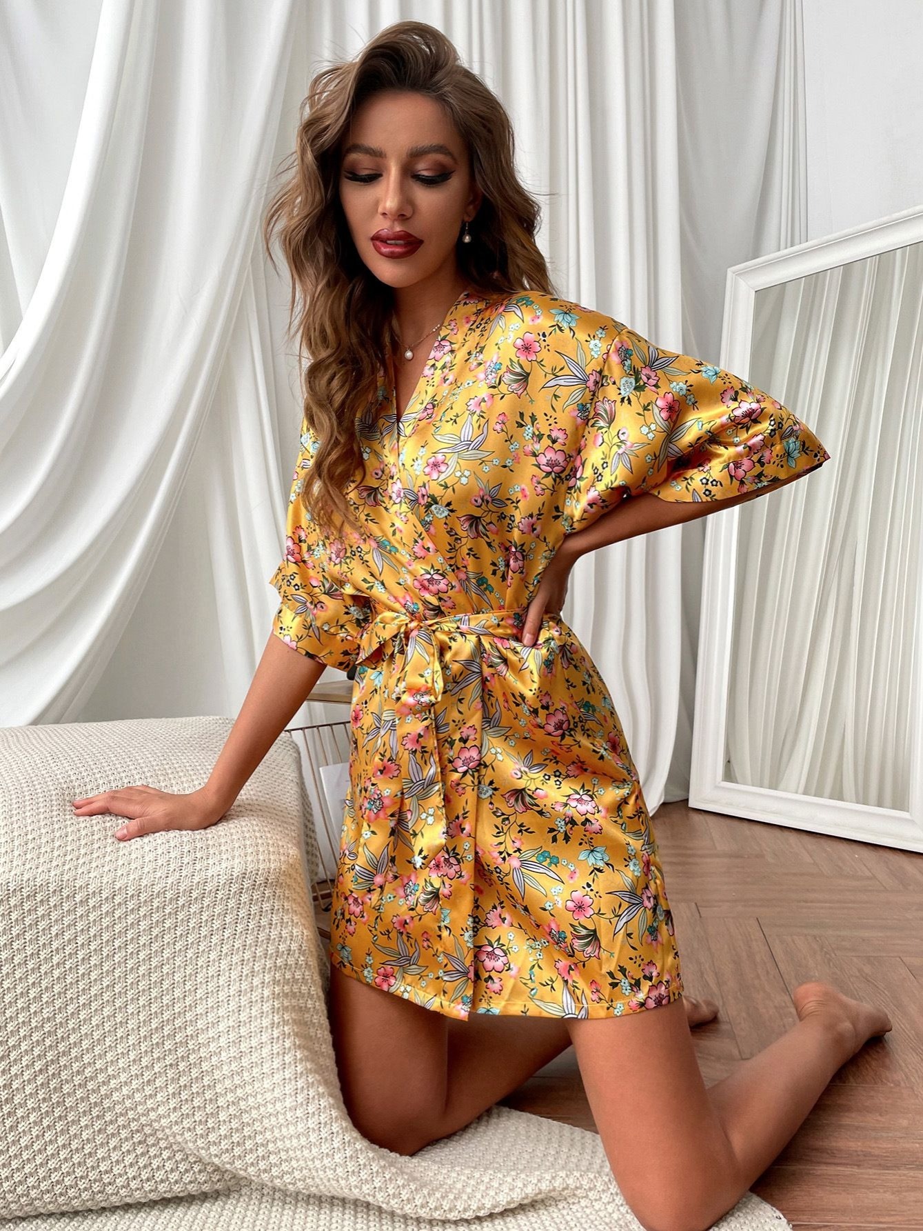 Women's Satin Floral Print Short Sleeve Belted Lounge Robes