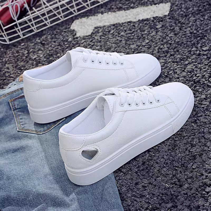 Women's Casual Sneakers White Shoes Heart Decor Lace Up Skate Shoes ...