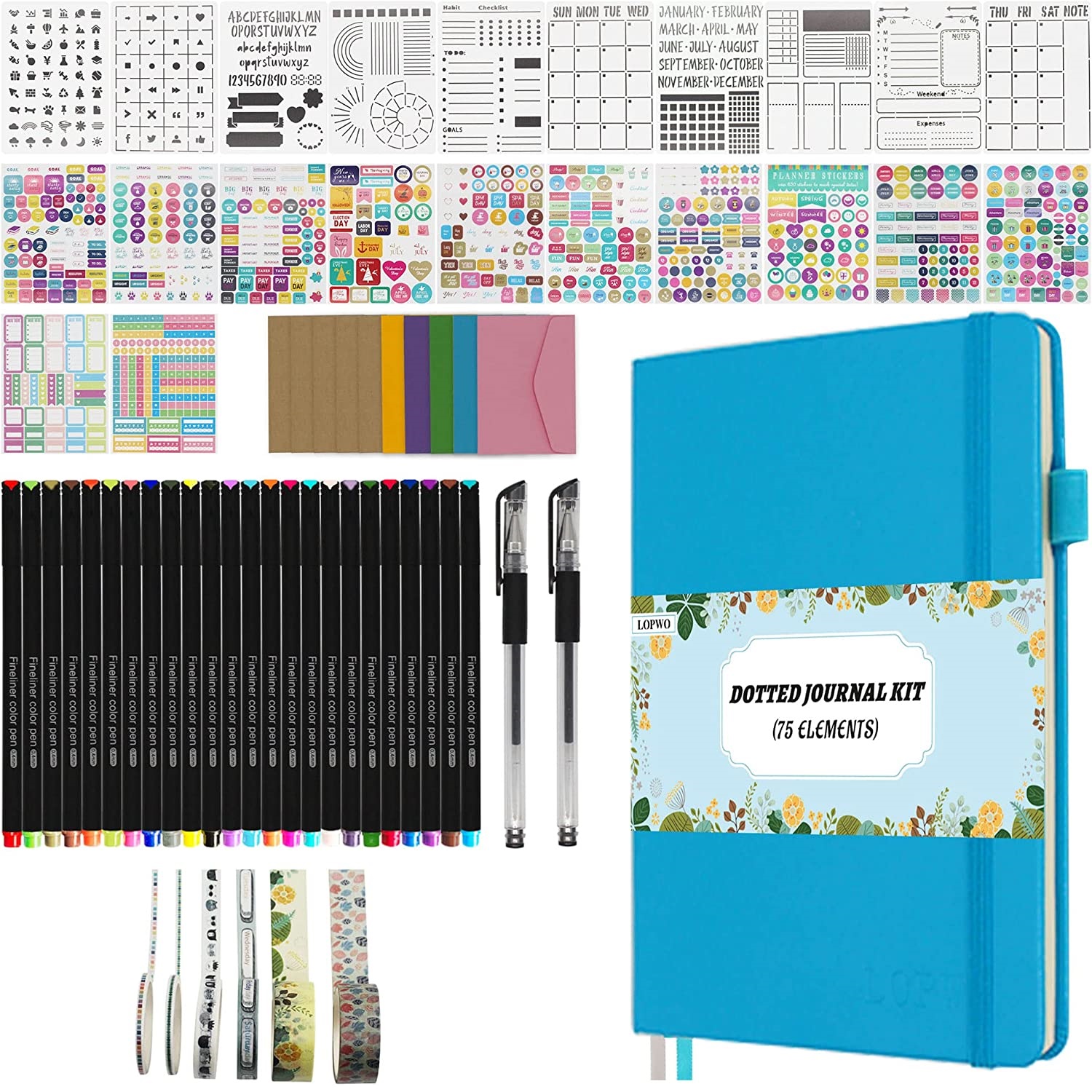 Bullet Dotted Journal Kit, feela A5 Dotted Bullet Grid Journal Set with 224 Pages Black Notebook, Fineliner Colored Pens, Stencils, Stickers, Washi