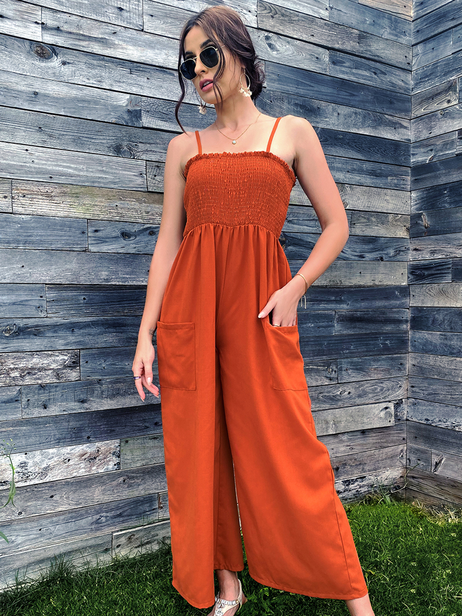 JNGSA Wide Leg Jumpsuit for Women,Women's Summer New Trendy Casual Solid  Color Loose Spaghetti Strap Jumpsuit Oversized Rompers Beach Outfits for
