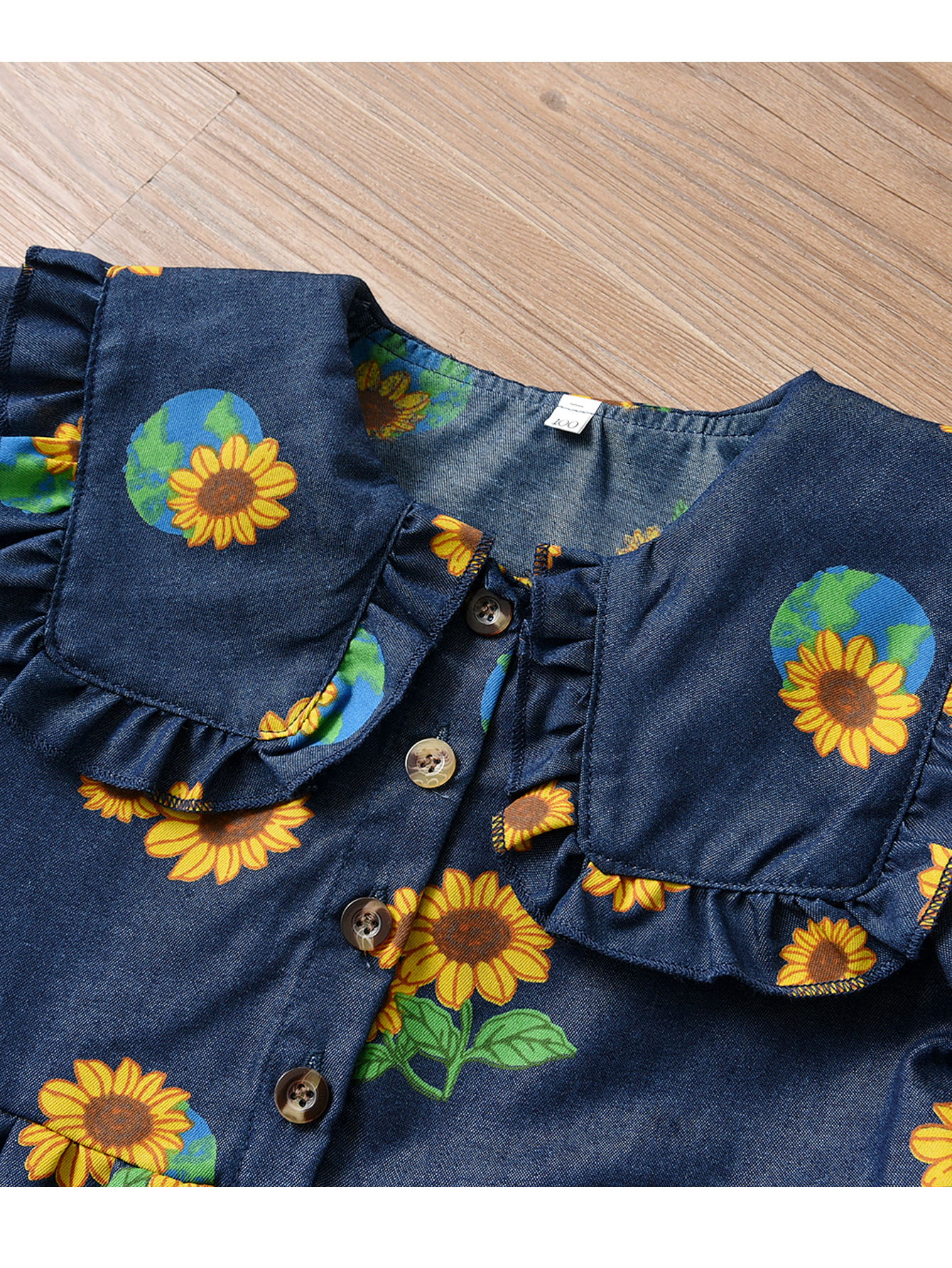 girls sunflower denim dress ruffle detail long sleeve crew - Temu New  Zealand