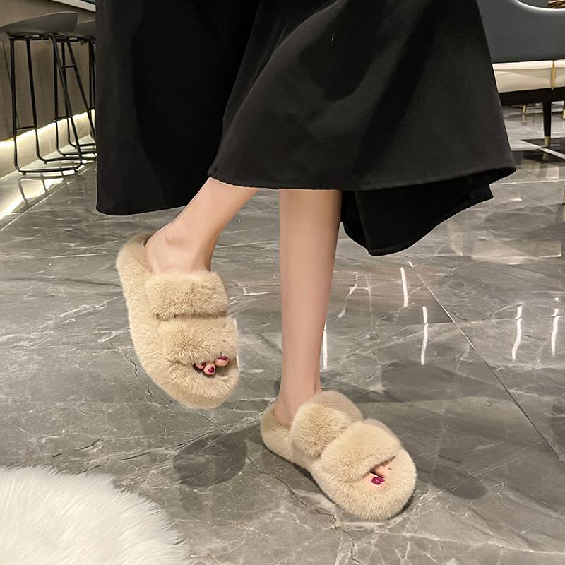 Winter Women's Fur Slippers Fashion Thick Bottom Cover Toe Double