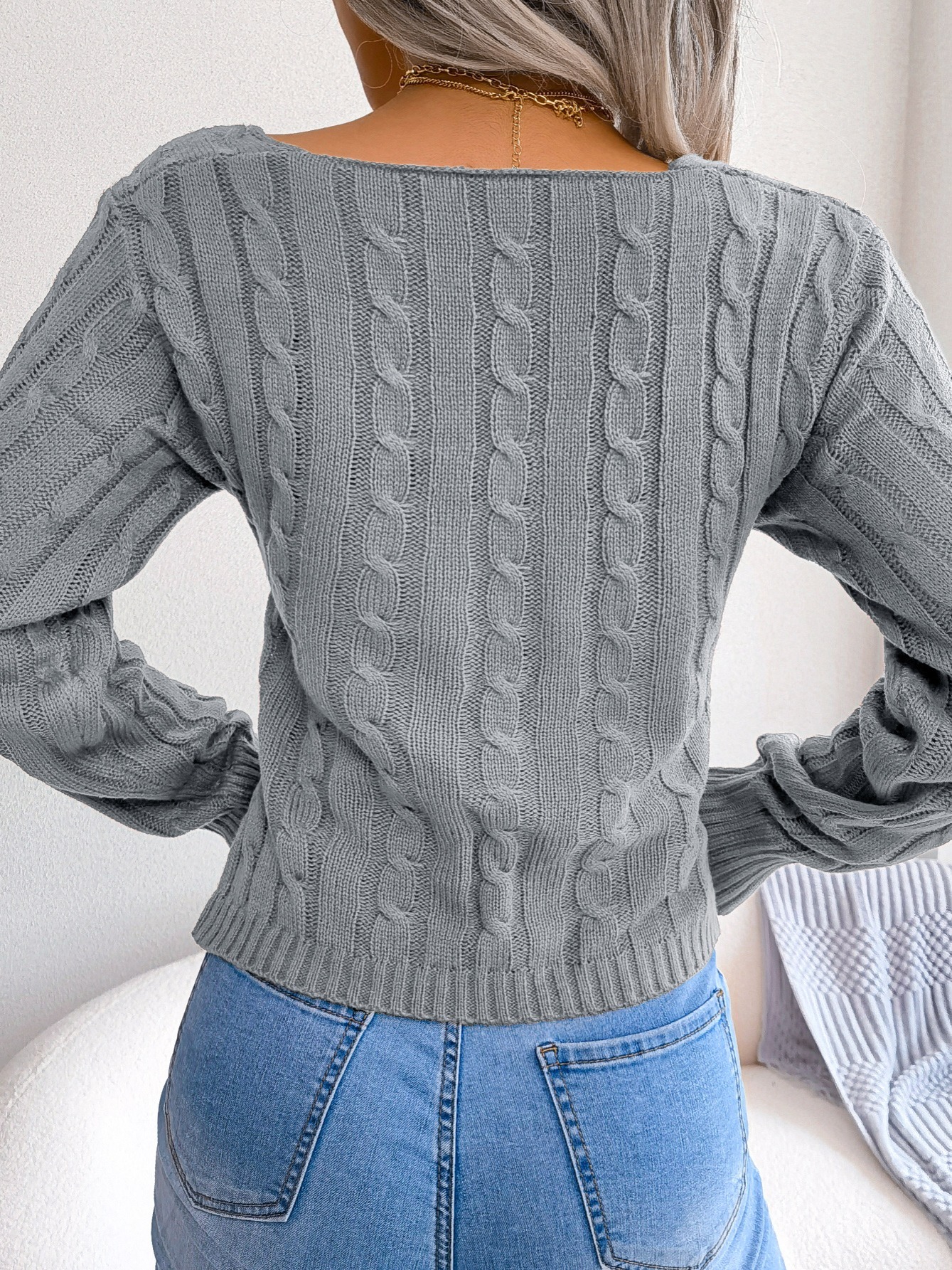 XFLWAM Womens V Neck Criss Cross Wrap Sweaters Halter Long Sleeve Knitted  Tops Slim Fitted Solid Color Choker Blouse Beige M