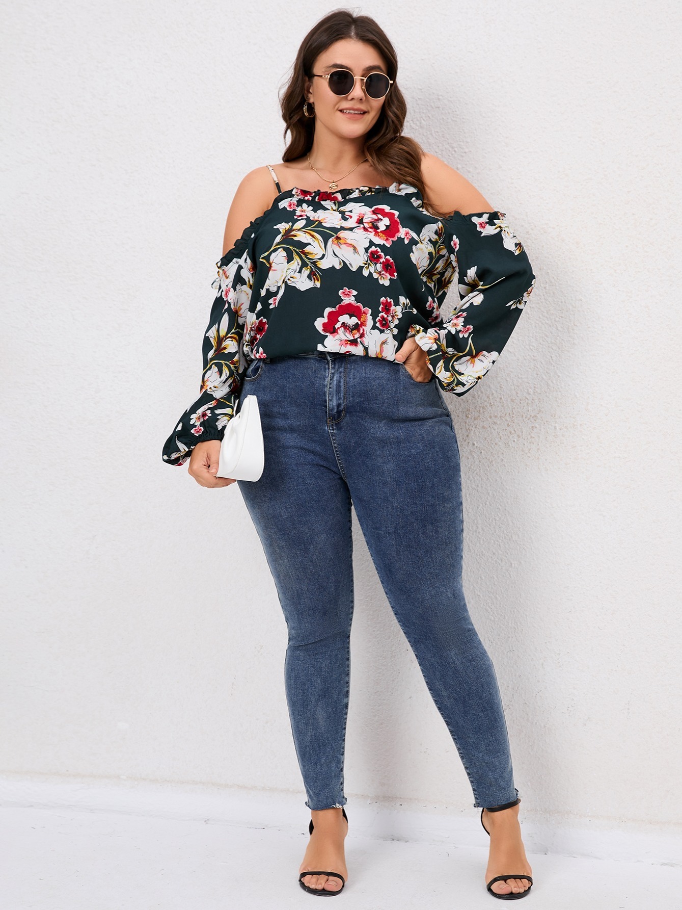 Women's Plus Size Floral Print Cold Shoulder Blouse Long - Temu