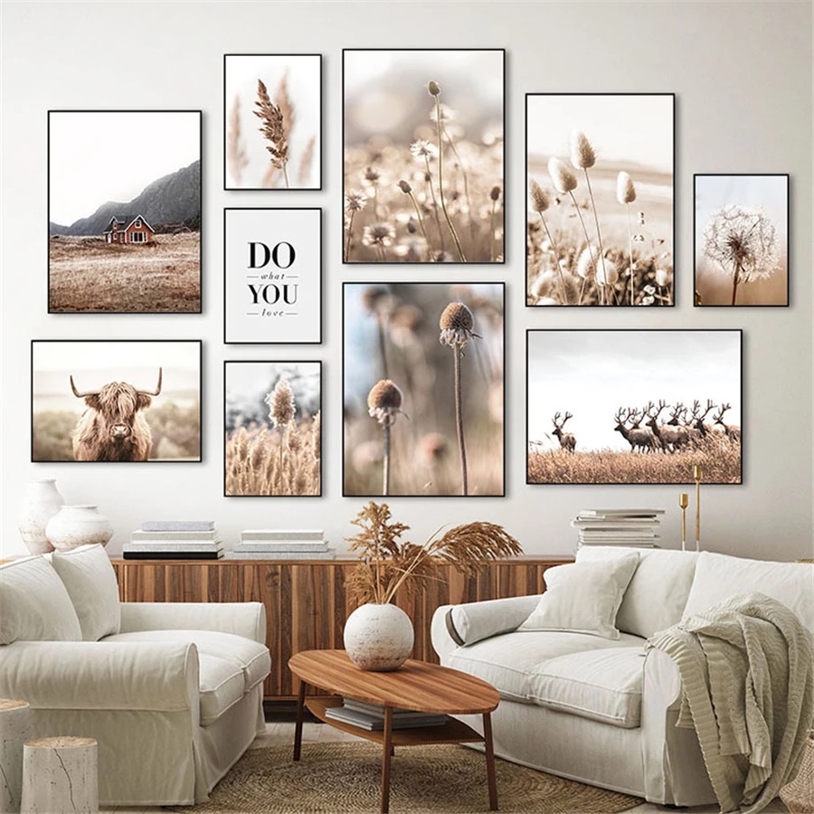 12pcs Beige Paintings With Reed Dandelion Grass Patterns Wall Art Frameless