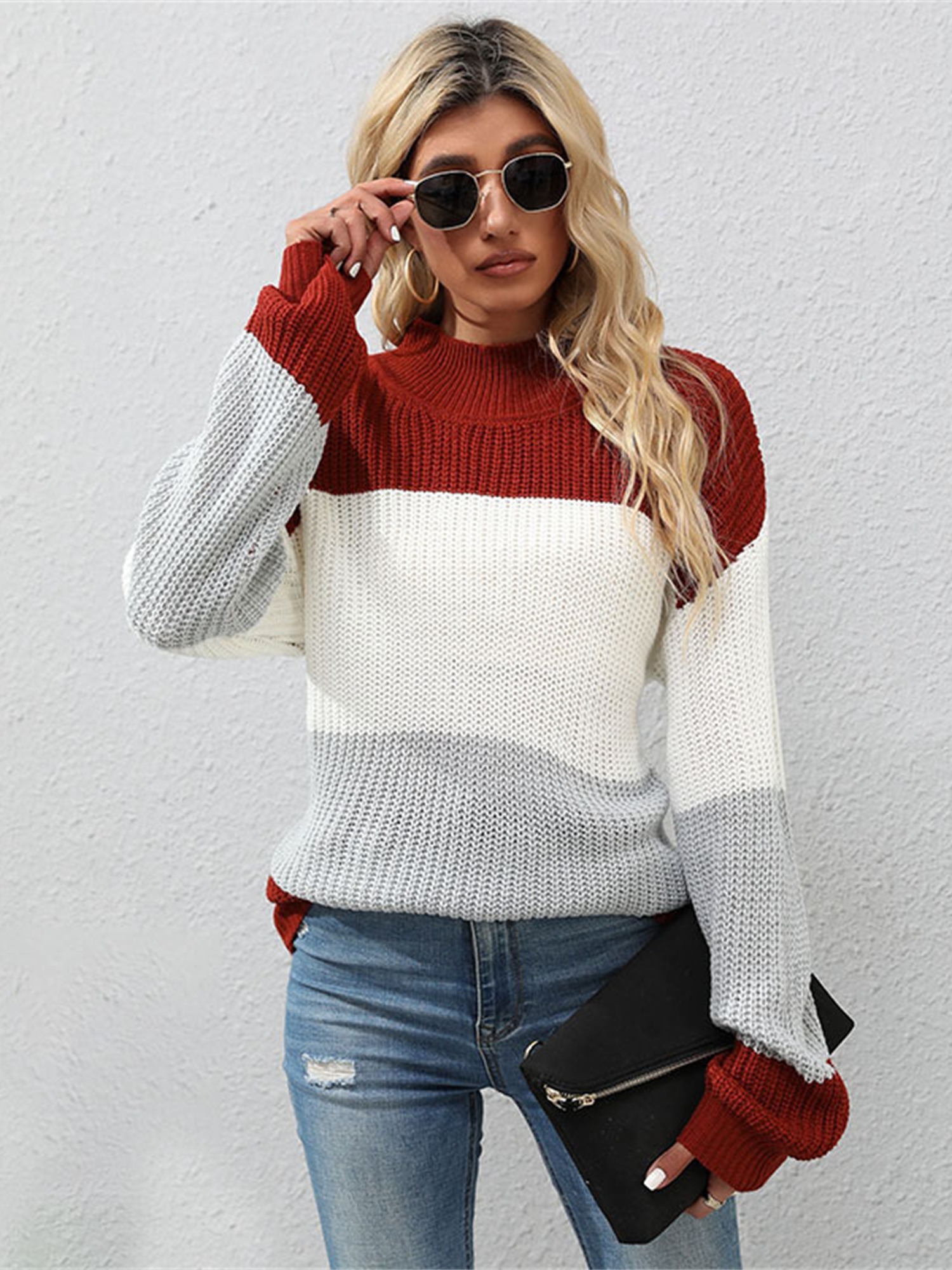 Women's Sweater Crew Neck Color Block Sweater - Temu