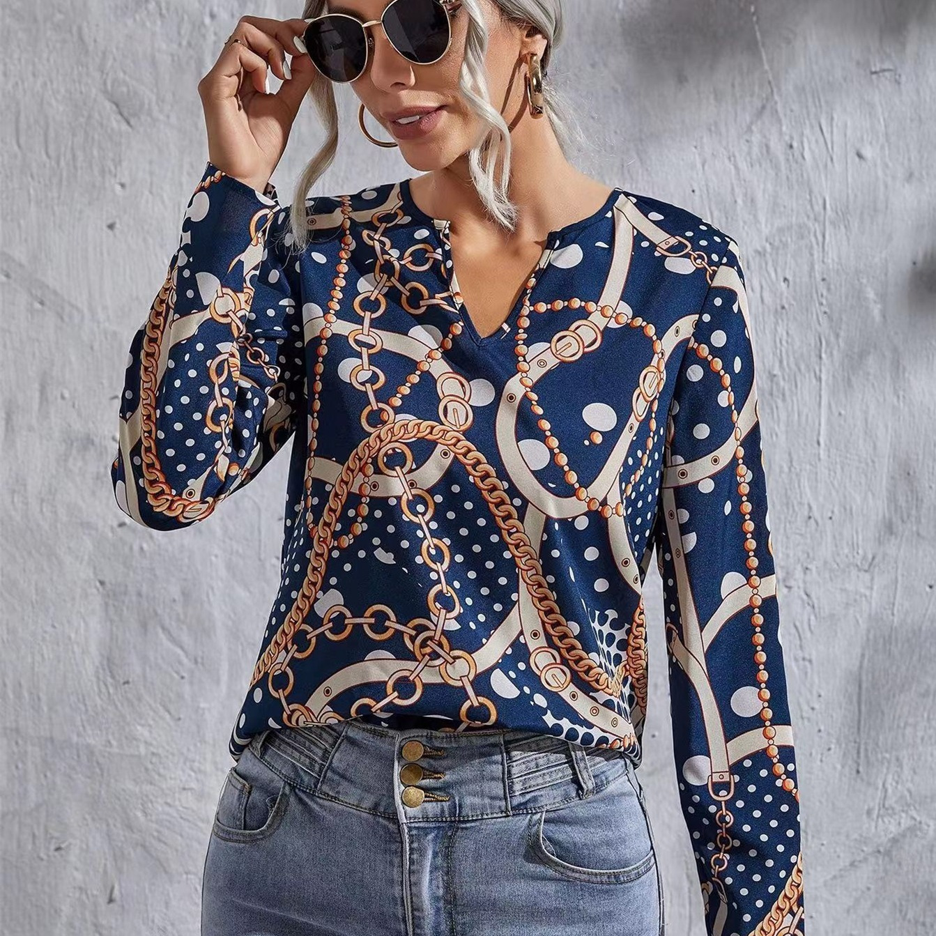 Print Polka Dot Print Chain Decor Notched Blouses Women s Collar 