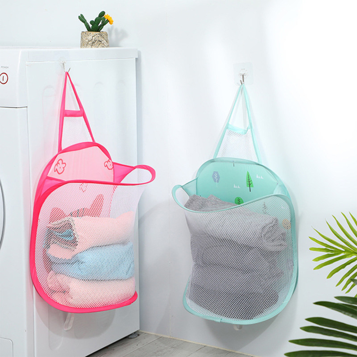 1pc Folding Wall Mounted Dirty Clothes Dasket Mesh Hanging Storage Bag