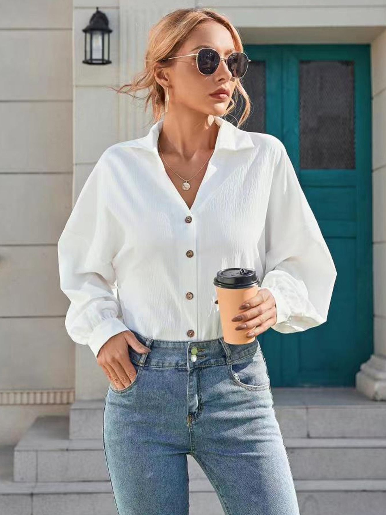 Loose fit Button Blouse Flowing V neck Collared Shirt Casual - Temu