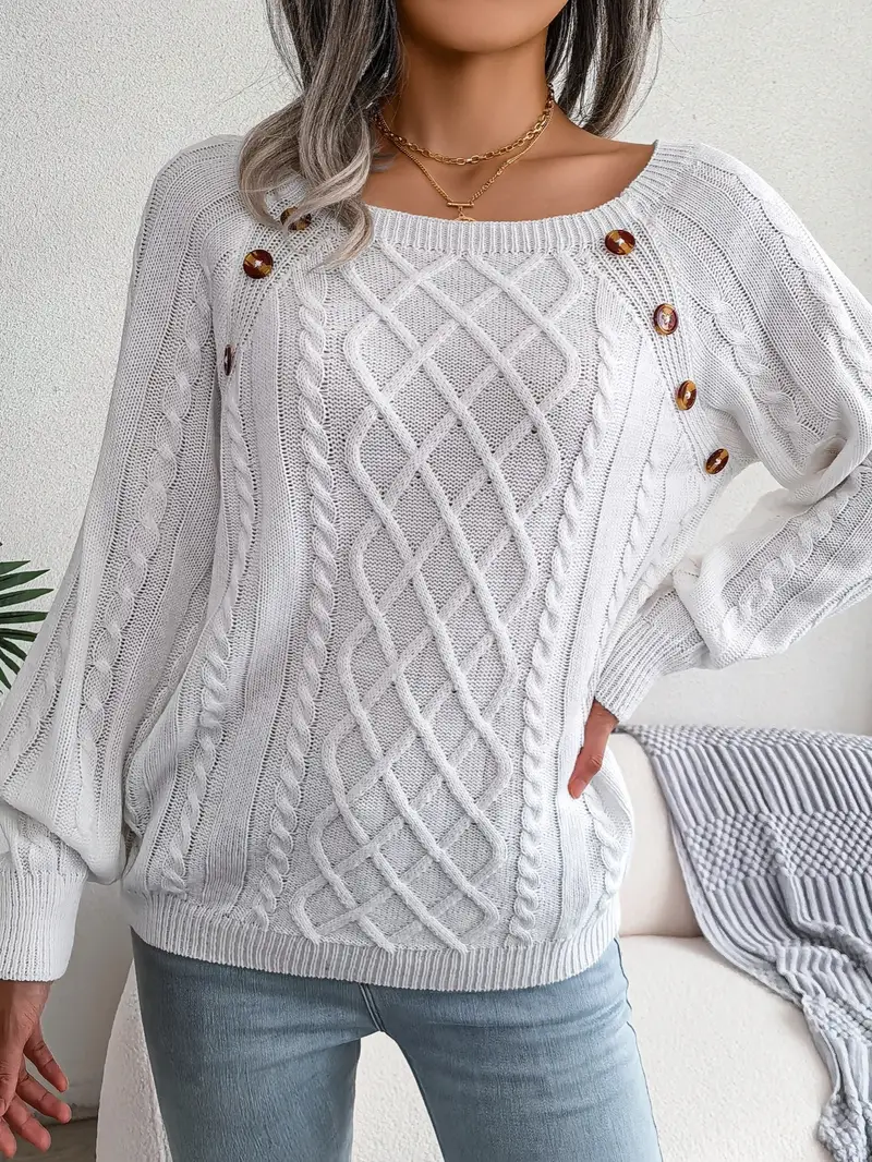 Women's Sweater Round Neck Texture Button Lantern Sleeve Sweater - Temu