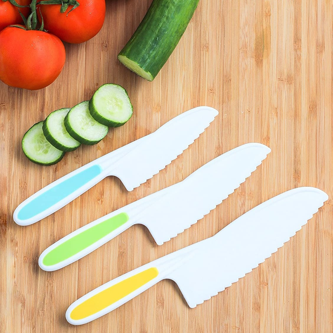  Juego de 3 cuchillos seguros para niños, 3 tamaños y colores de  agarre firme, bordes dentados, sin BPA, de nailon, para cocina, para niños,  para cocinar, seguro, para niños, frutas, verduras