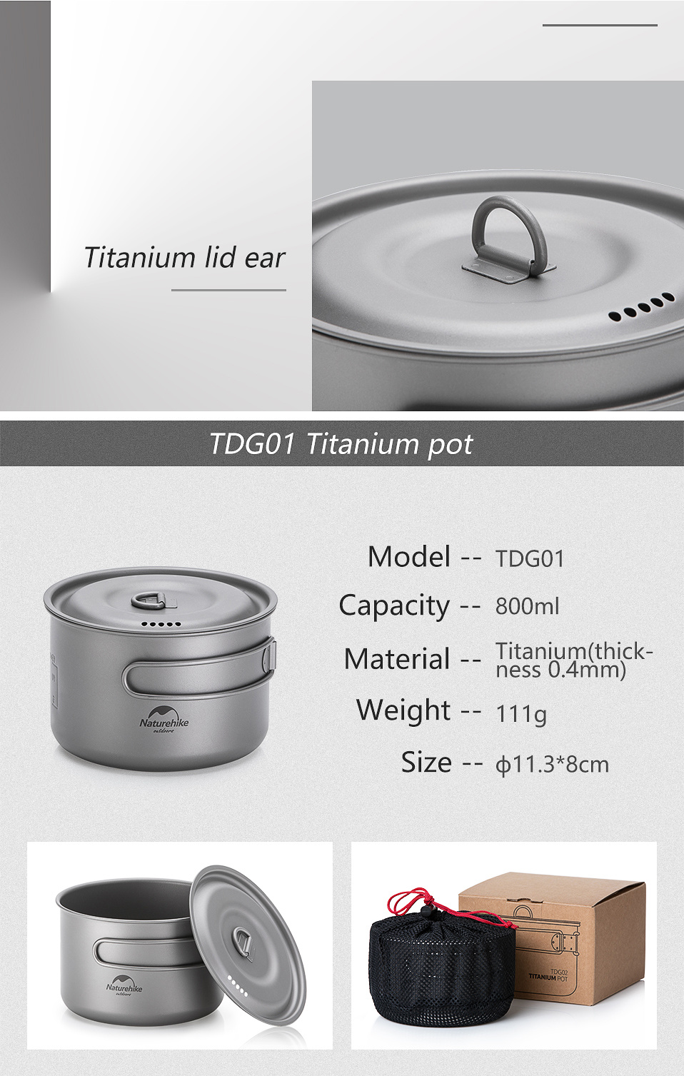 Naturehike Lightweight Titanium Camping Cookware Pot High Temperature