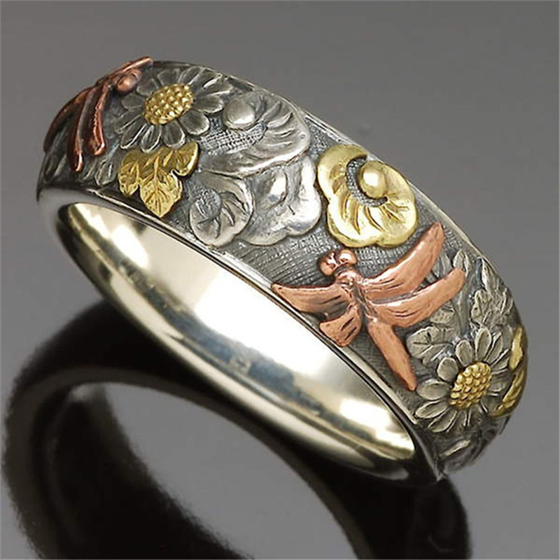 

1pc Hot Sale Vintage Carved Ring Flower Dragonfly Sunflower Ring