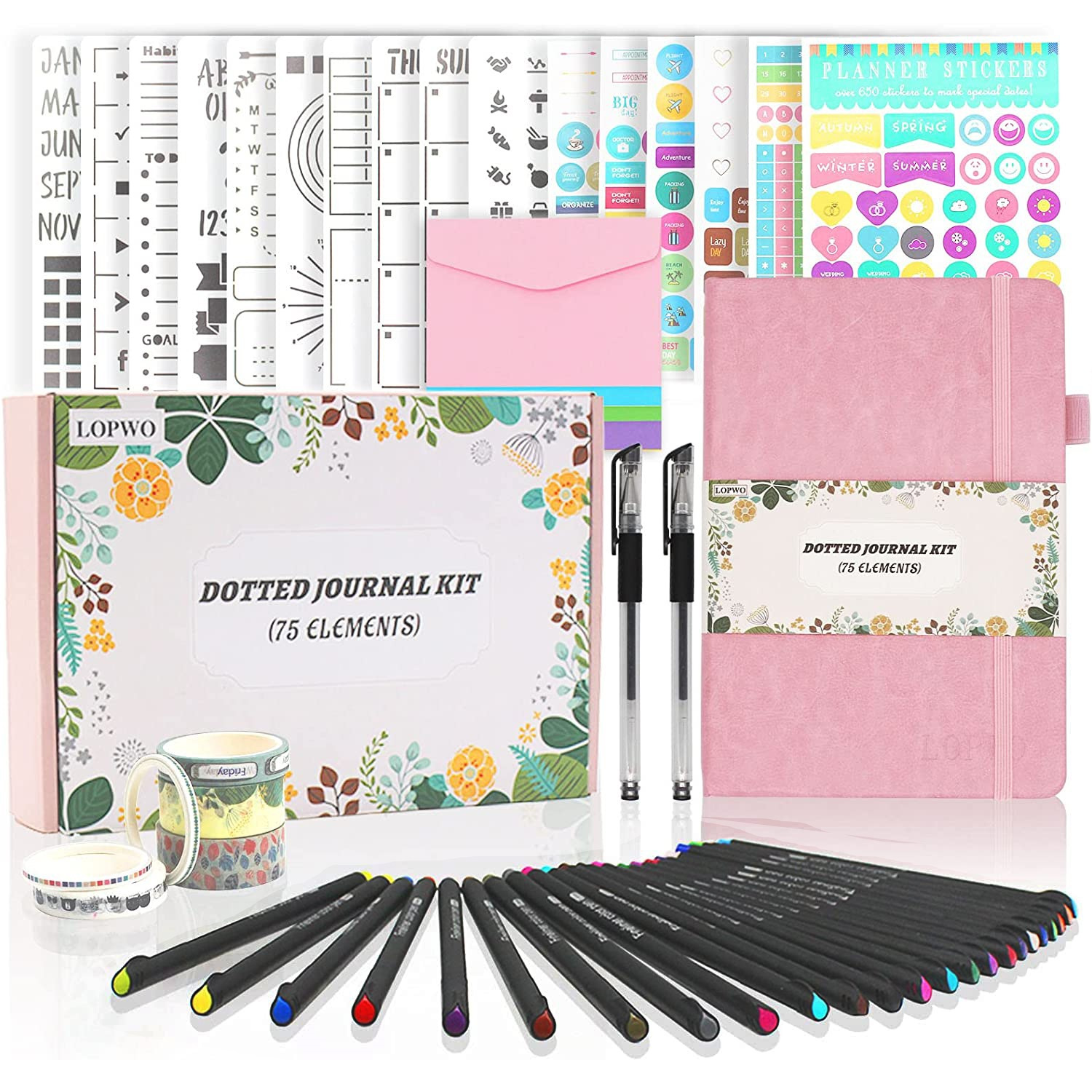 Bullet Dotted Journal Kit, feela A5 Dotted Bullet Grid Journal Set with 224 Pages Teal Notebook, Fineliner Colored Pens, Stencils, Stickers, Washi