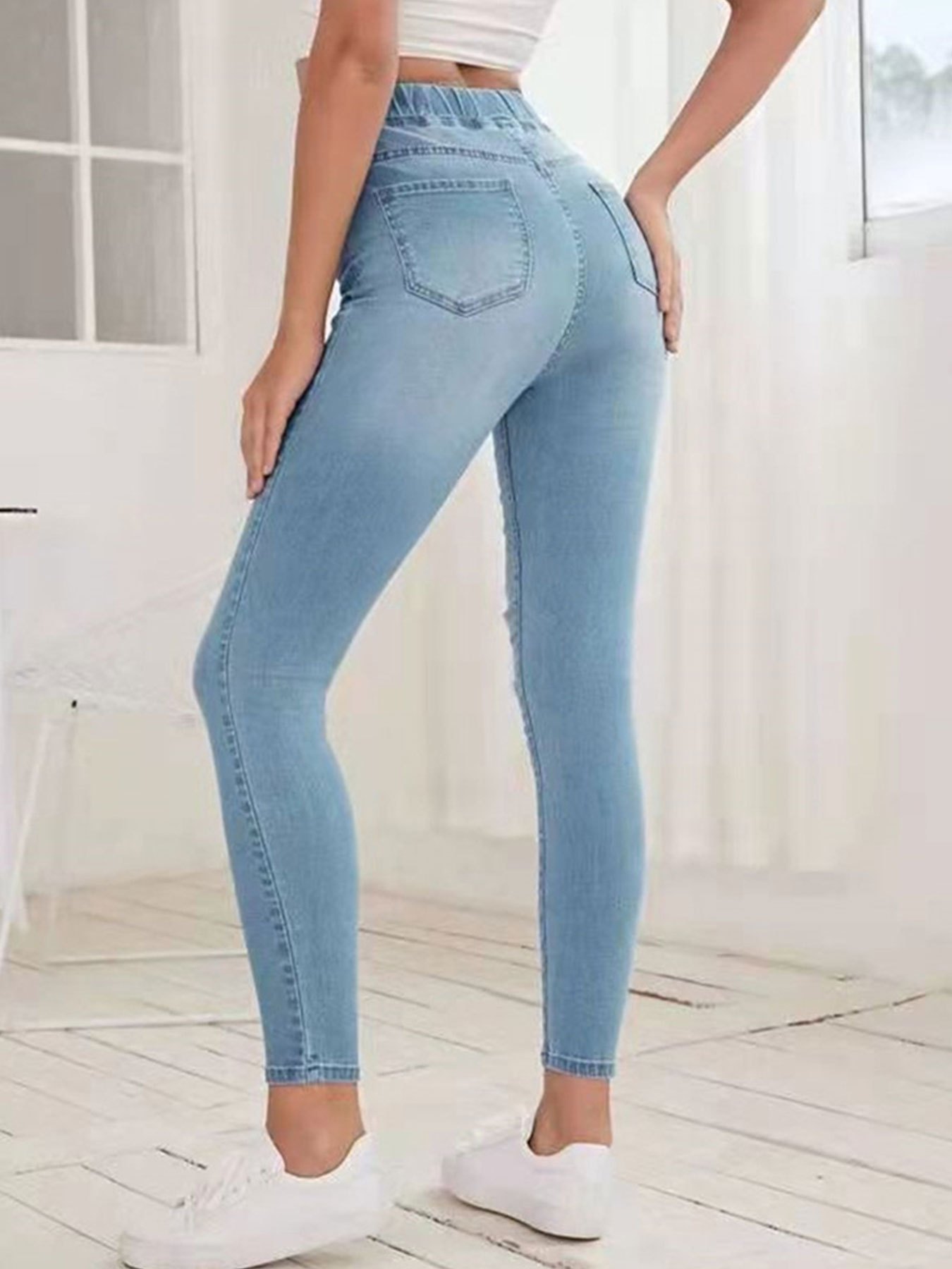 Jeans Súper Ajustados Con Cordón Elástico En La Cintura, Pantalones  Vaqueros De Mezclilla Para Mujer - Ropa De Mujer - Temu