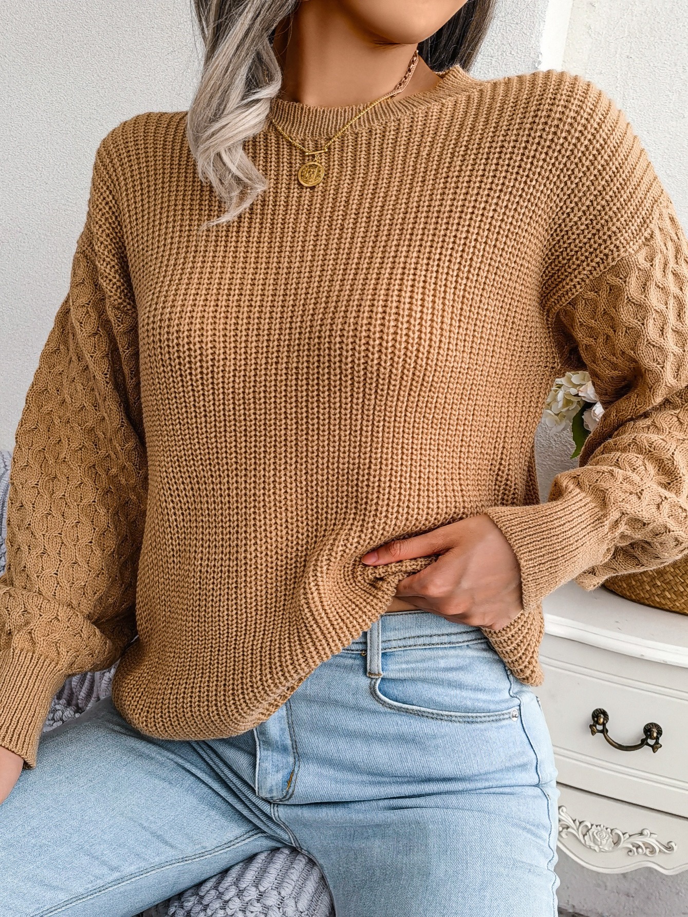 Women's Sweater Round Neck Texture Lantern Sleeve Sweater - Temu