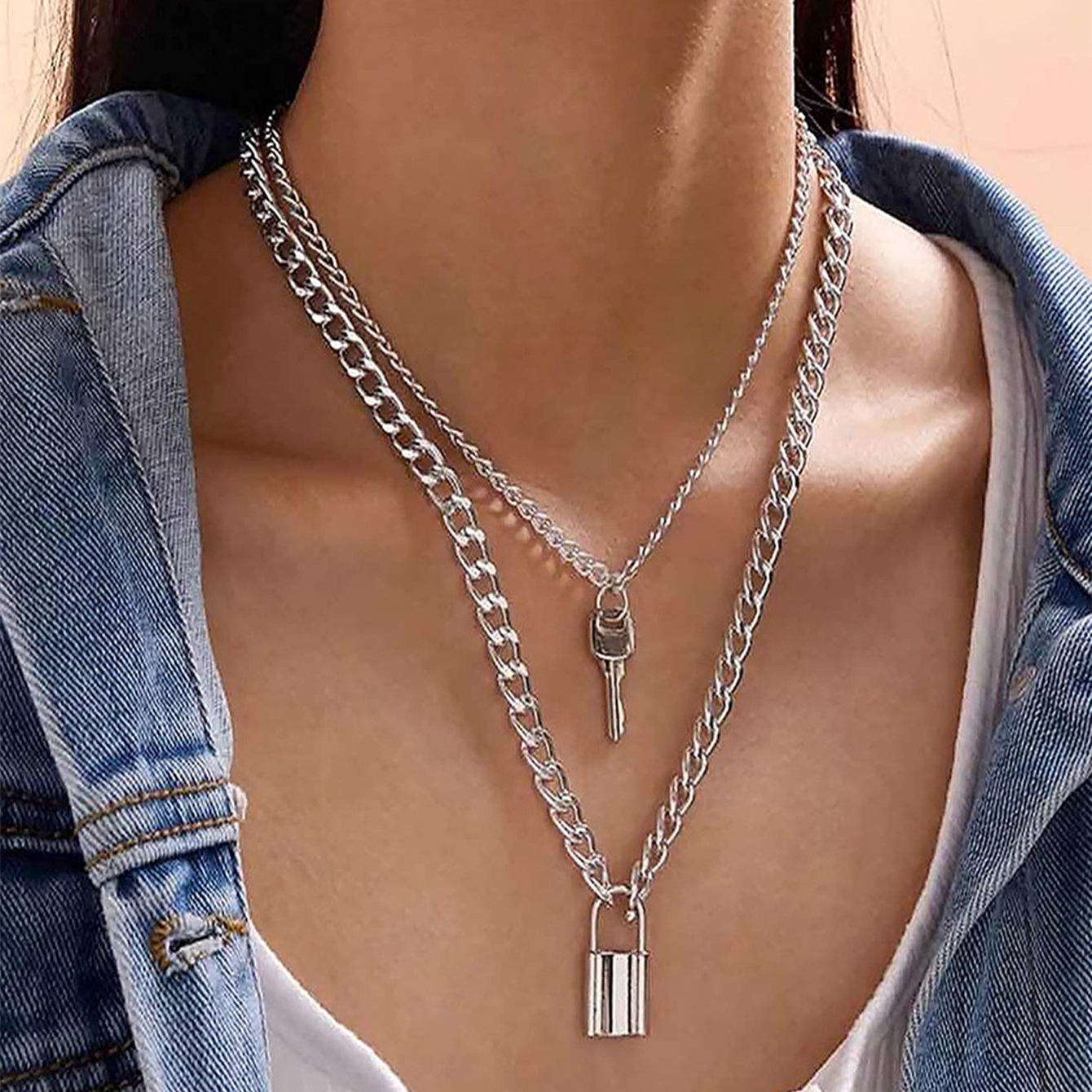 Multi-layer Lock and Key Pendant Choker Necklace