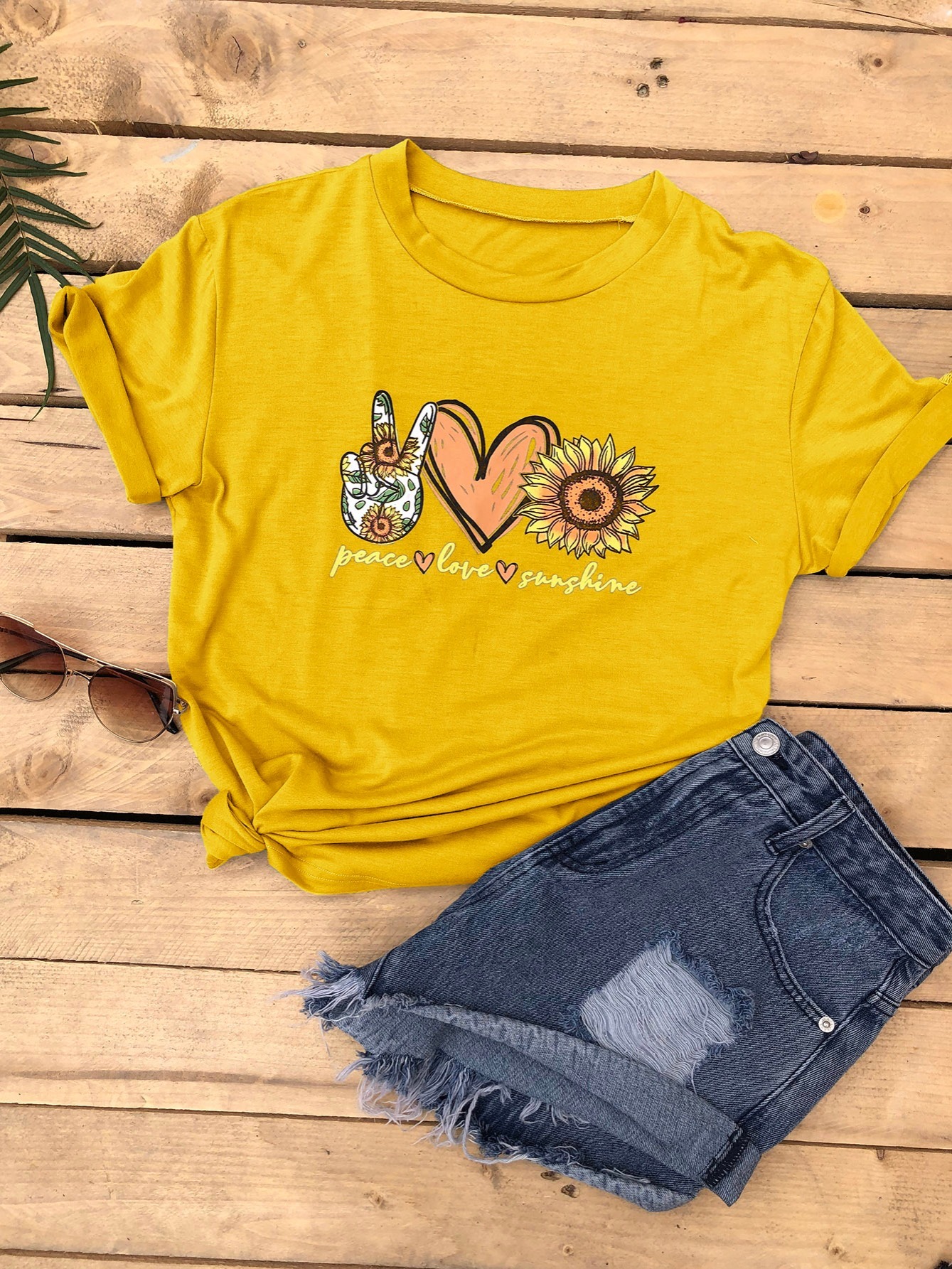 Women's T-shirt Peace Love Sunshine Sunflower Print Short Sleeve T ...