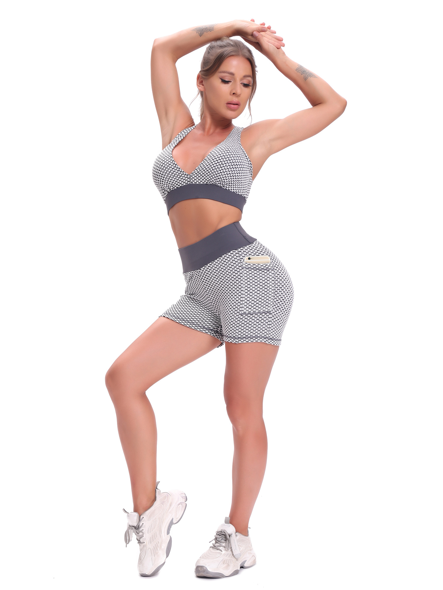 Seersucker Yoga Shorts with Hip Pocket