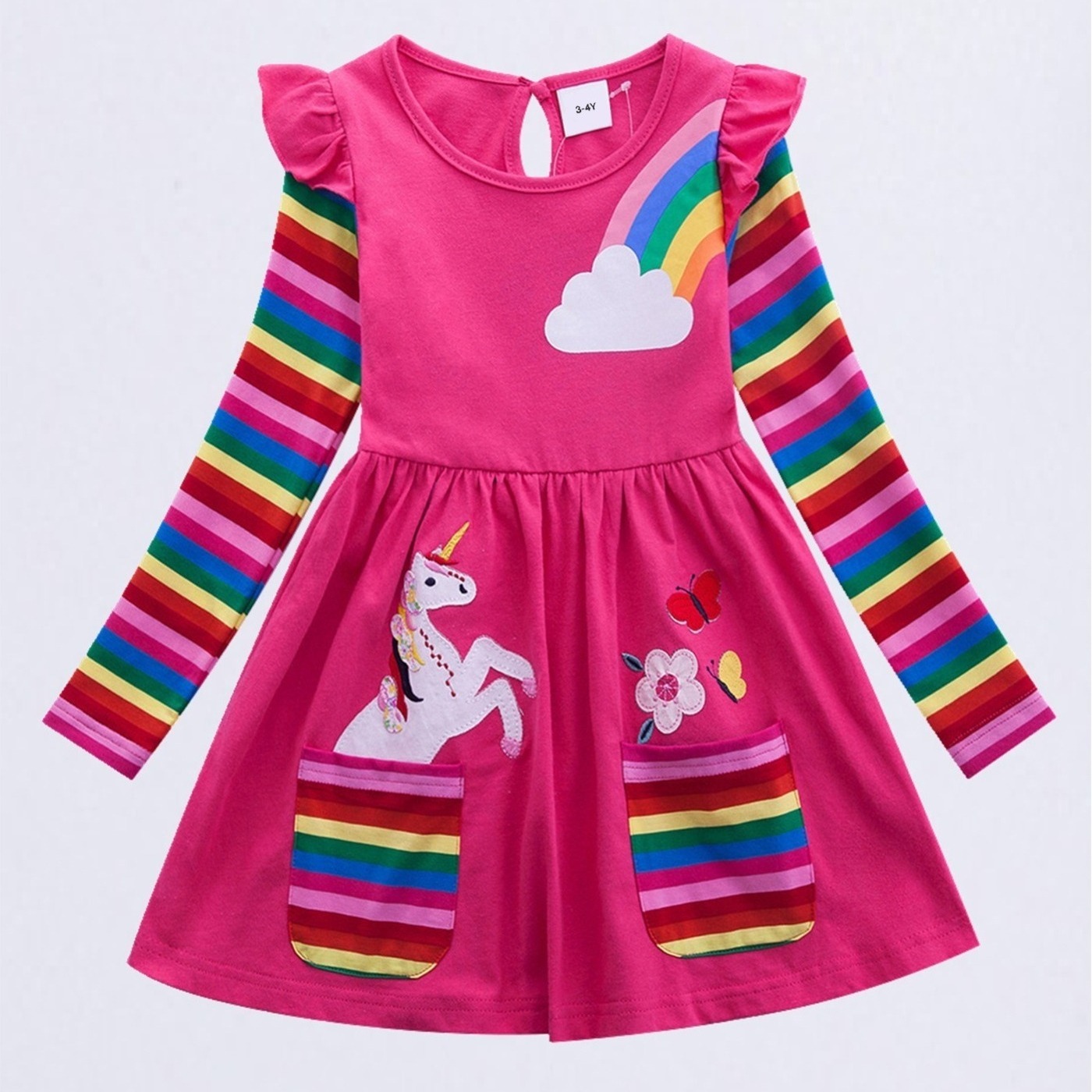 

Girls Long Sleeve Unicorn Embroidered Casual Cotton Dress With Pockets