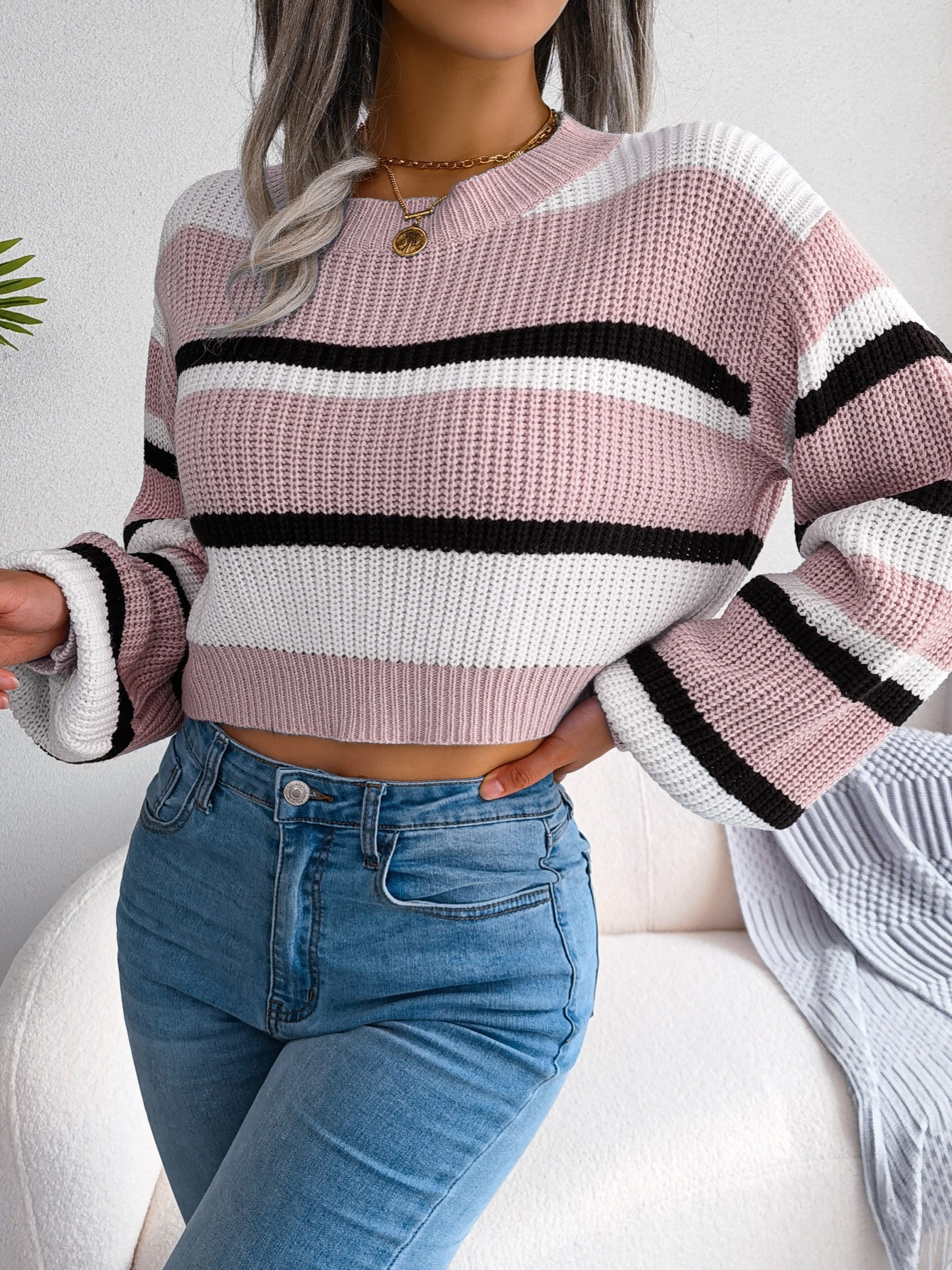 Three toned Color Block Crop Sweater Loose fit Rib knit Crew