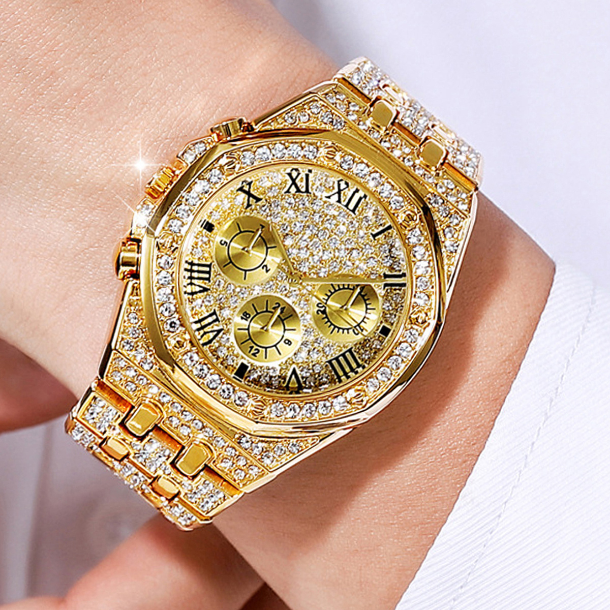 Reloj Elegante para Hombres Pulsera Brillante Oro Diamantes Dorado Regalo  Hombre