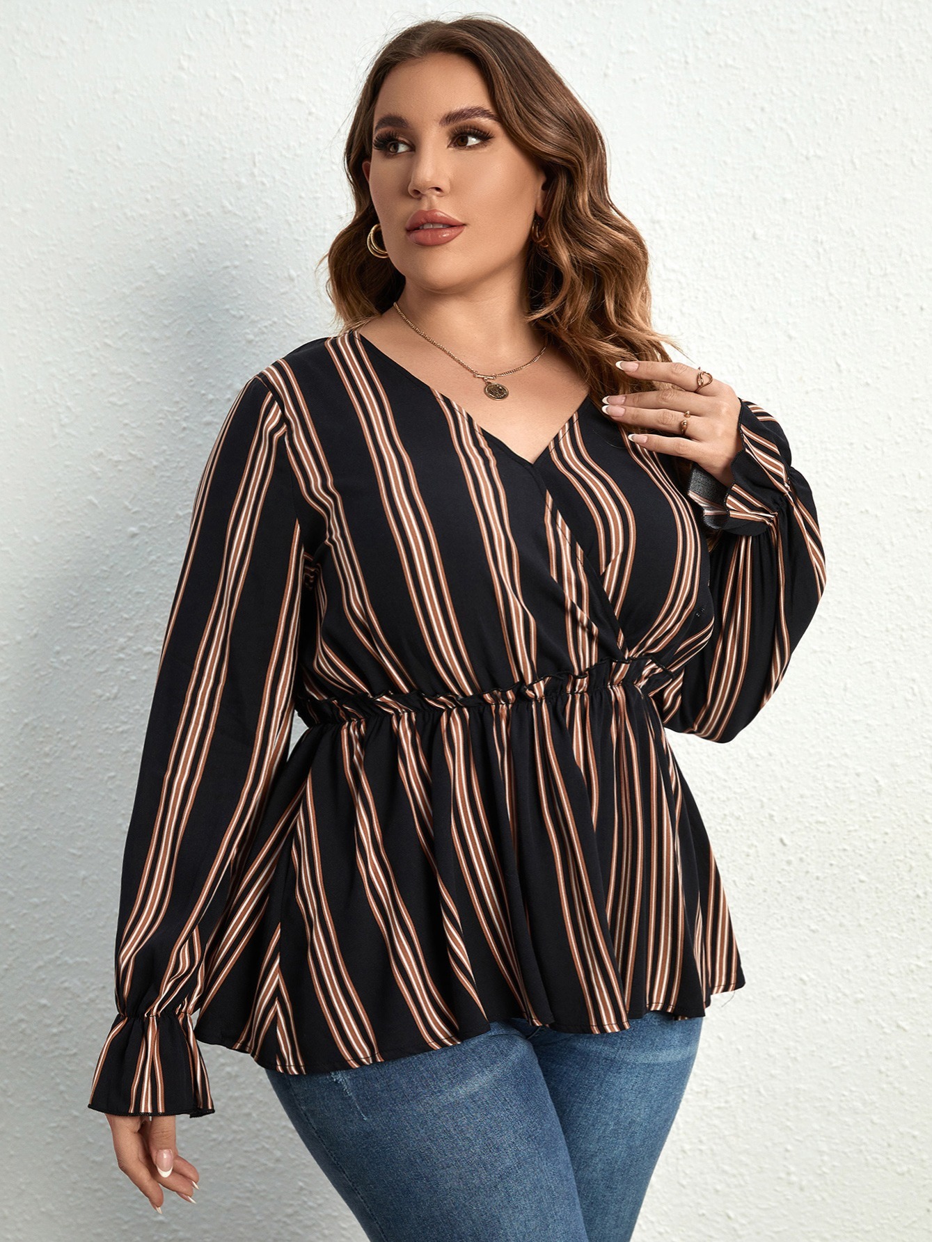 Wavy Stripe Simple Blouse, Elegant V Neck Long Sleeve Blouse, Women's  Clothing - Temu