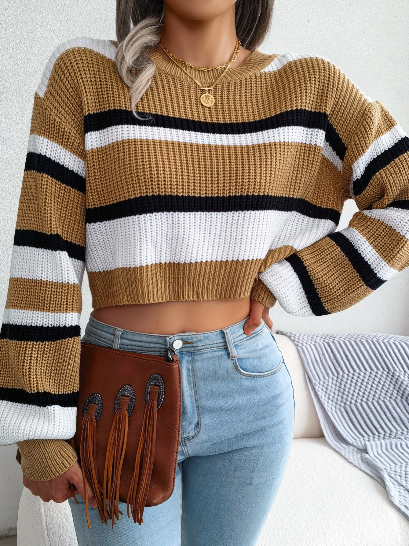 Three toned Color Block Crop Sweater Loose fit Rib knit Crew - Temu
