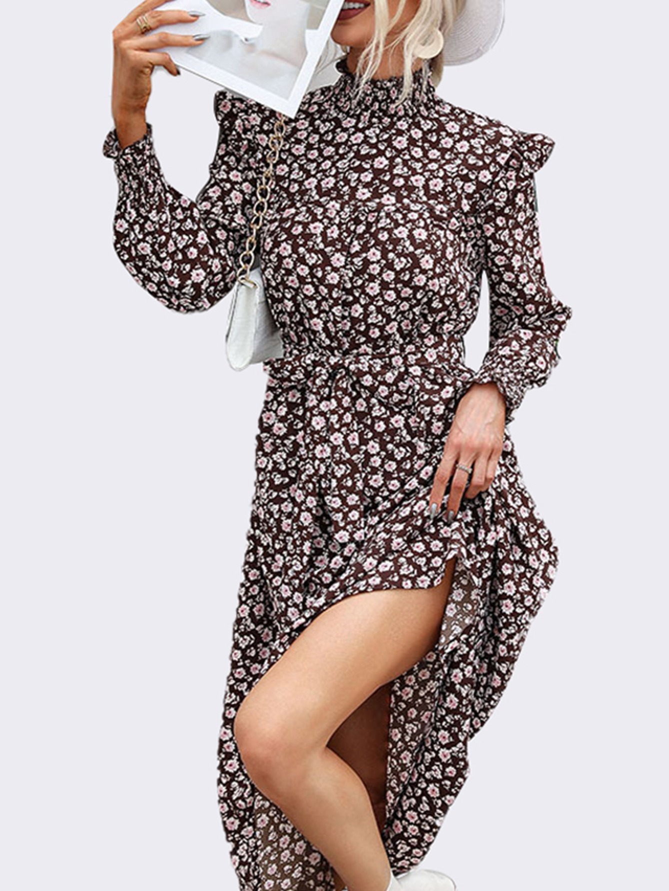 Women's Dresses Long Sleeve Floral Print Split Maxi Dresses - Temu