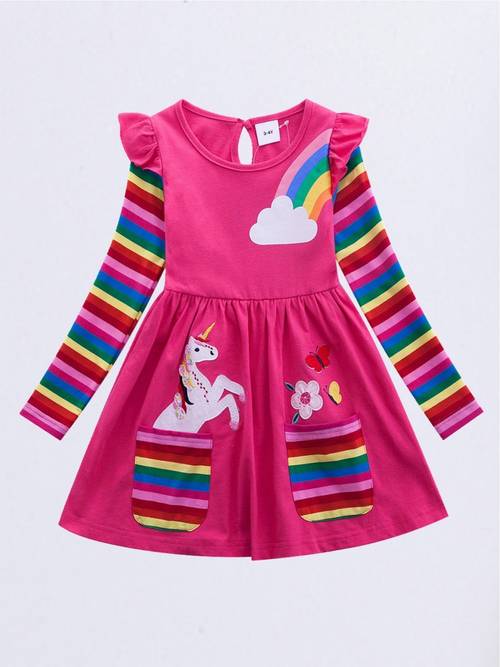 Girls Long-sleeved Unicorn Dress Spring & Autumn Embroidered Dress