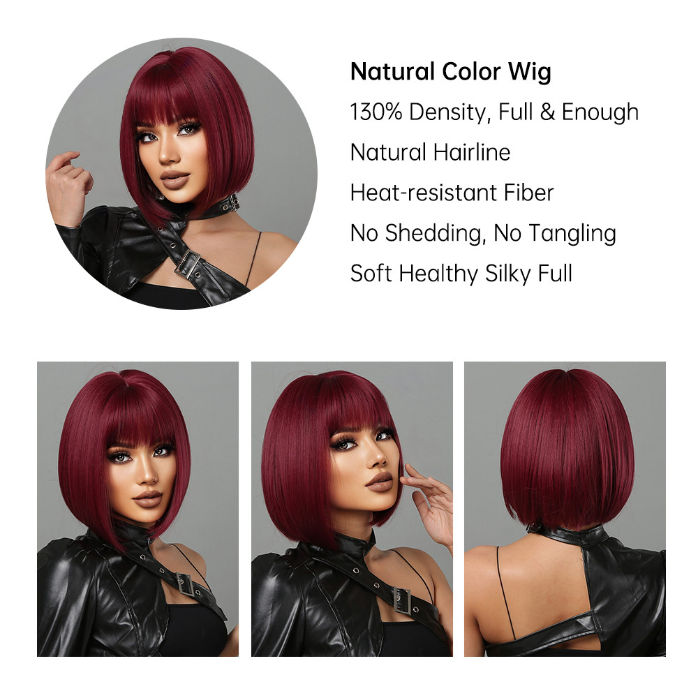 Short Straight Synthetic Hair Bob Heat Resistant Red Wine Wig with