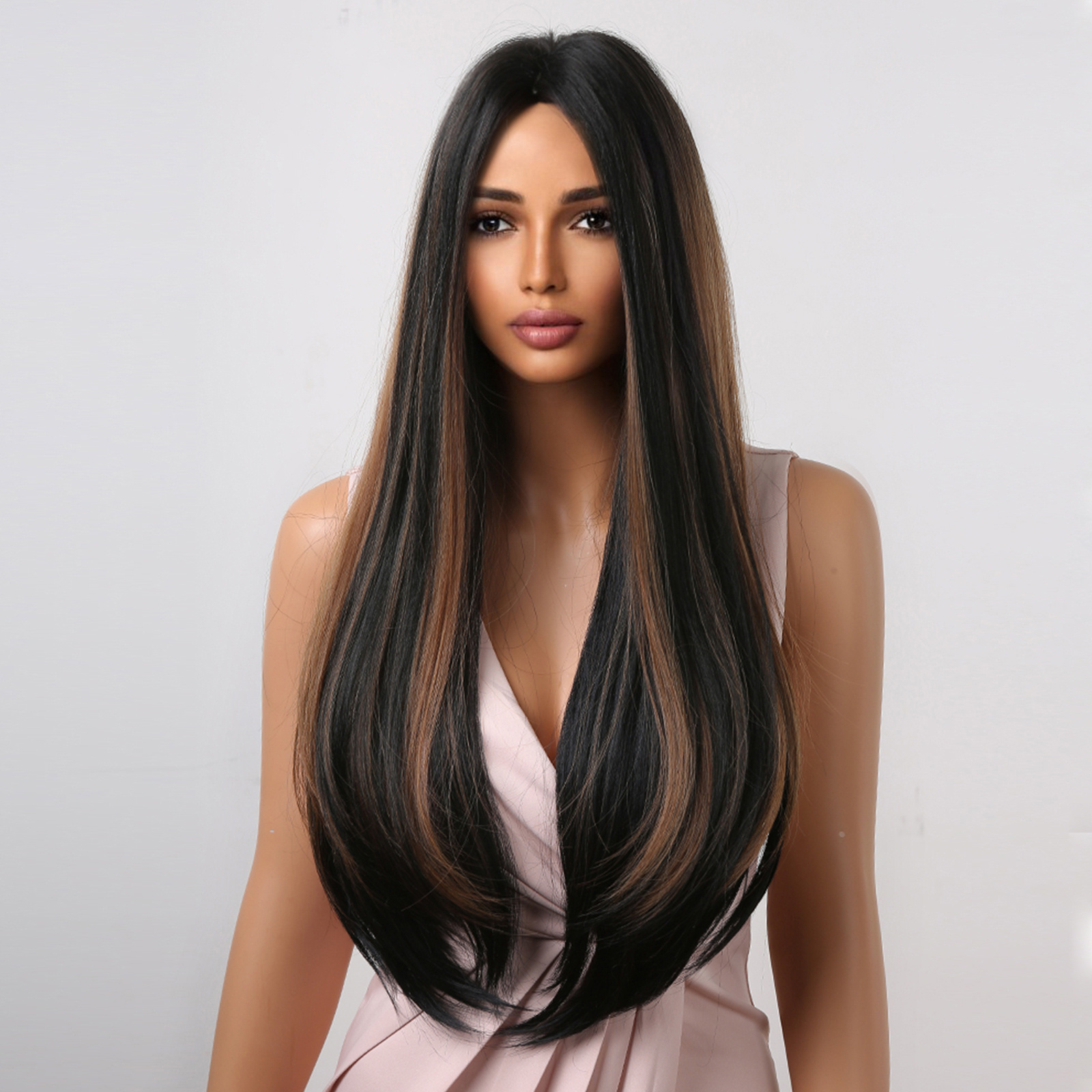 Allbell Long Straight Synthetic Wig Black Brown Mixed Color Temu