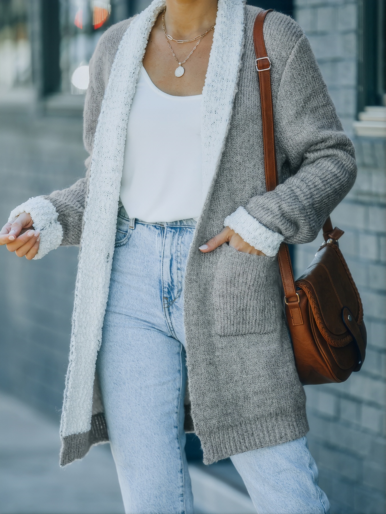 Women's Sweater Grey Long Pocket Open Front Knit Sweater - Temu Canada