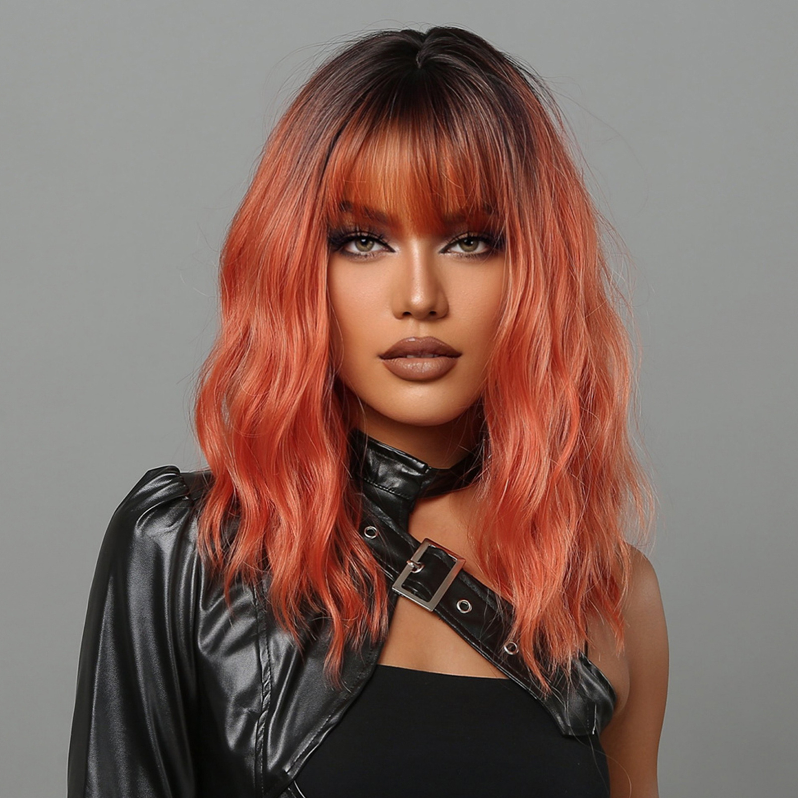 

Stylish Bob Water Wave Wig With Ombre Brown And Dark Red Bangs For Women - Perfect For Any Occasion Music Festival