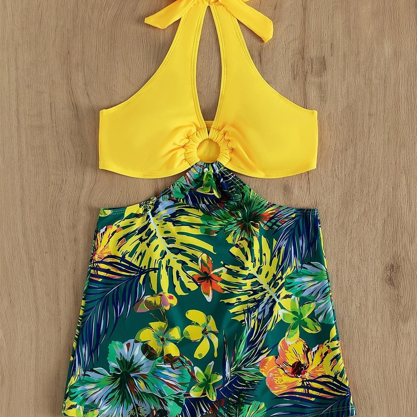 

Tropical Print 1 Piece Swimsuit, Ring-linked Halter Neck Cut Out With Boxer Short Bottom Bathing Suit, Women's Swimwear & Clothing