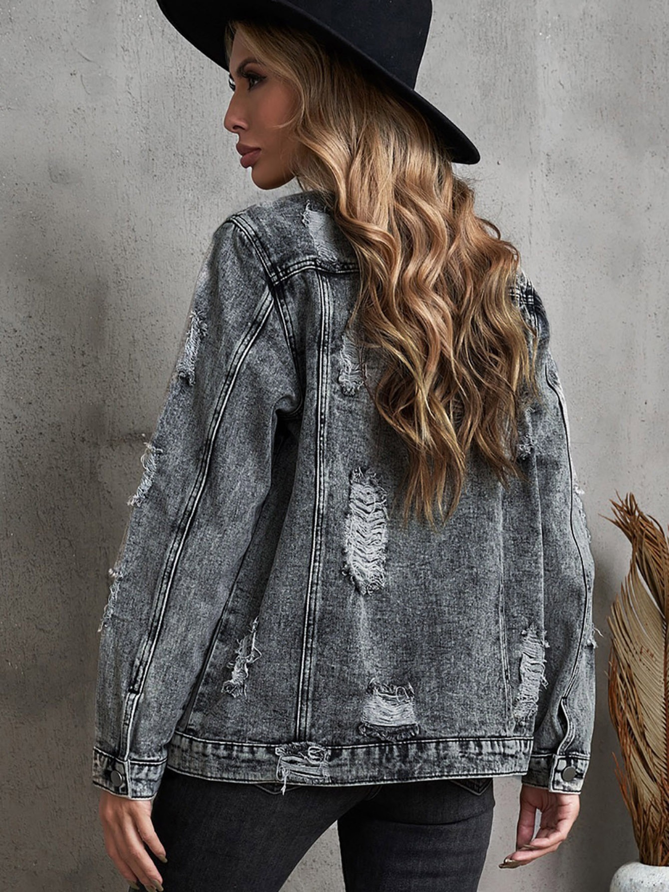 Womens Ripped Holes Distressed Denim Jacket Casual Buttons Washed