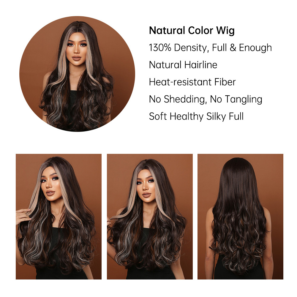 Dark Brown Hair Synthetic Wigs With Blonde Highlights For Women Heat  Resistant