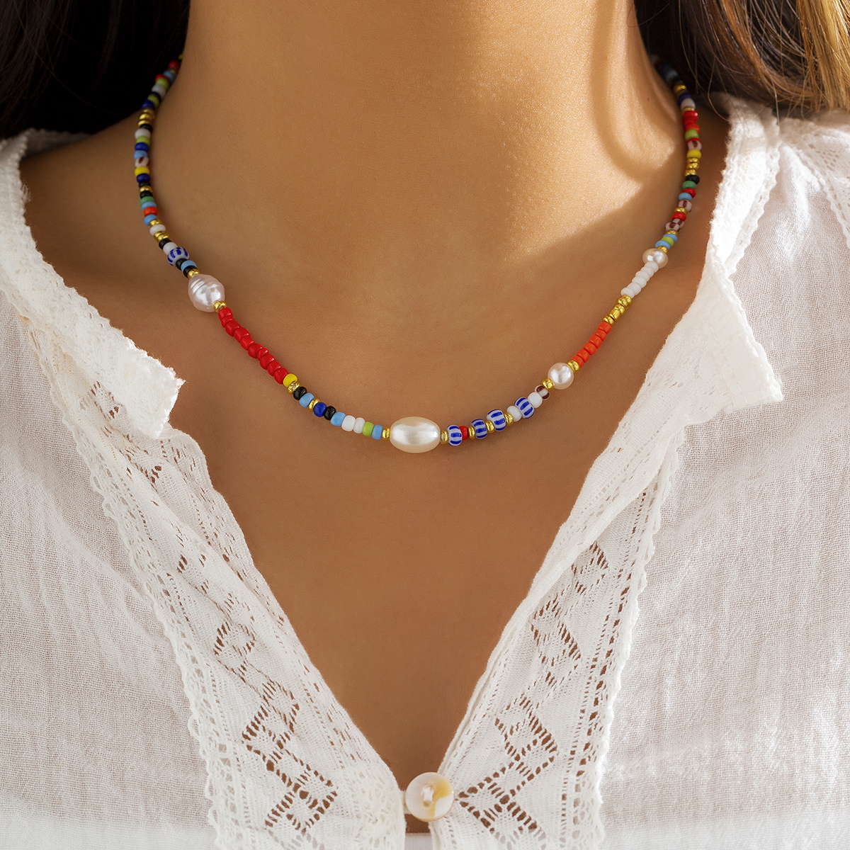 

Women's Colorful Baroque Faux Pearl Beaded Choker Necklace