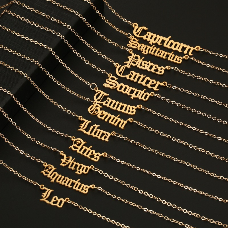 

Retro English Alphabet Twelve Constellation Clavicle Chain Card Short Necklace 1pc
