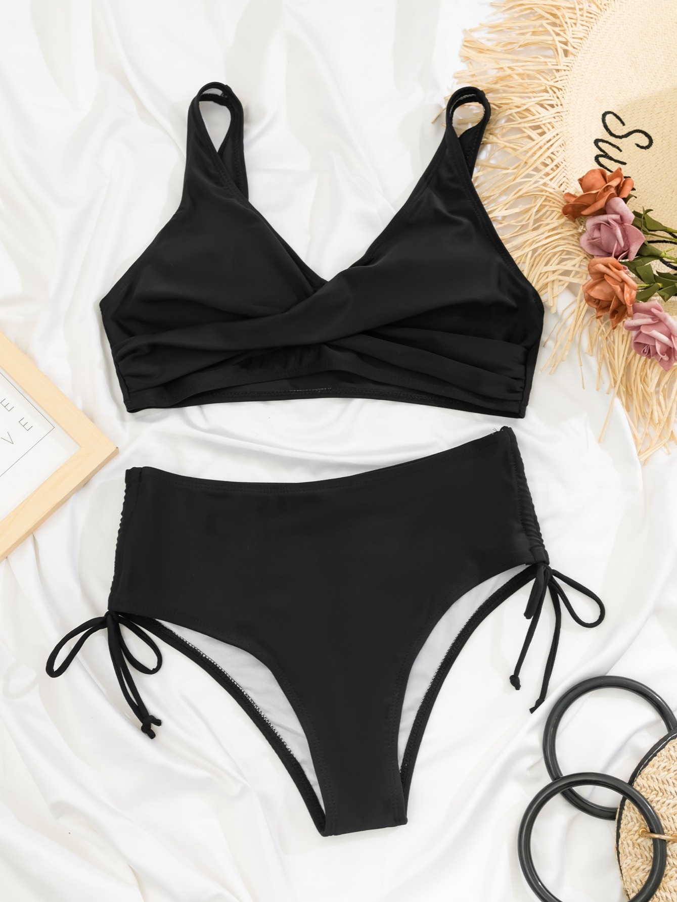 Conjunto de bikini deportivo para mujer, de dos piezas, acanalado, liso,  para mujer Negro M Negro M Xishao ropa