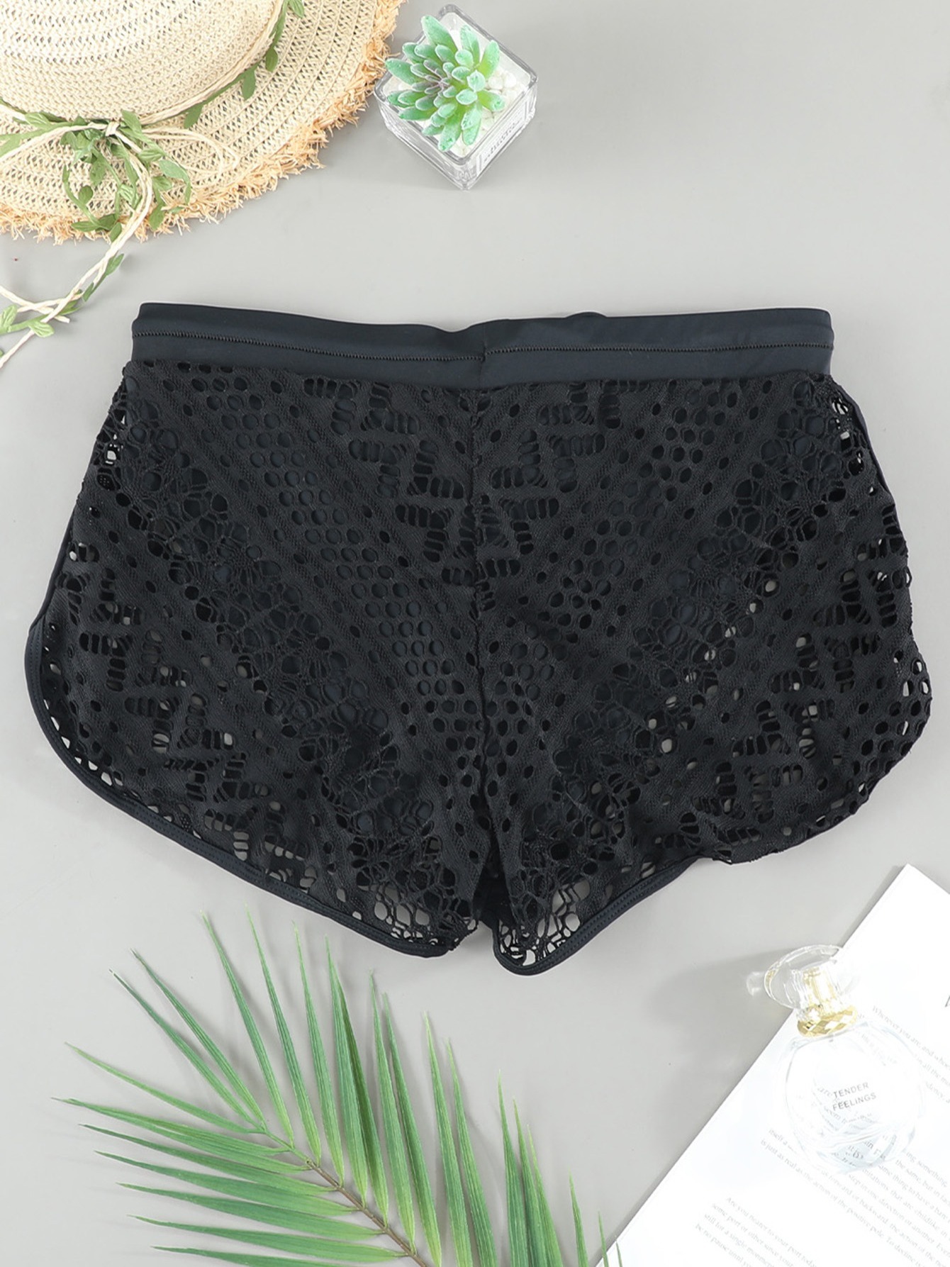 Women's Solid Colour Lace Hollow Shorts Attached Swim Bottom - Temu  Philippines