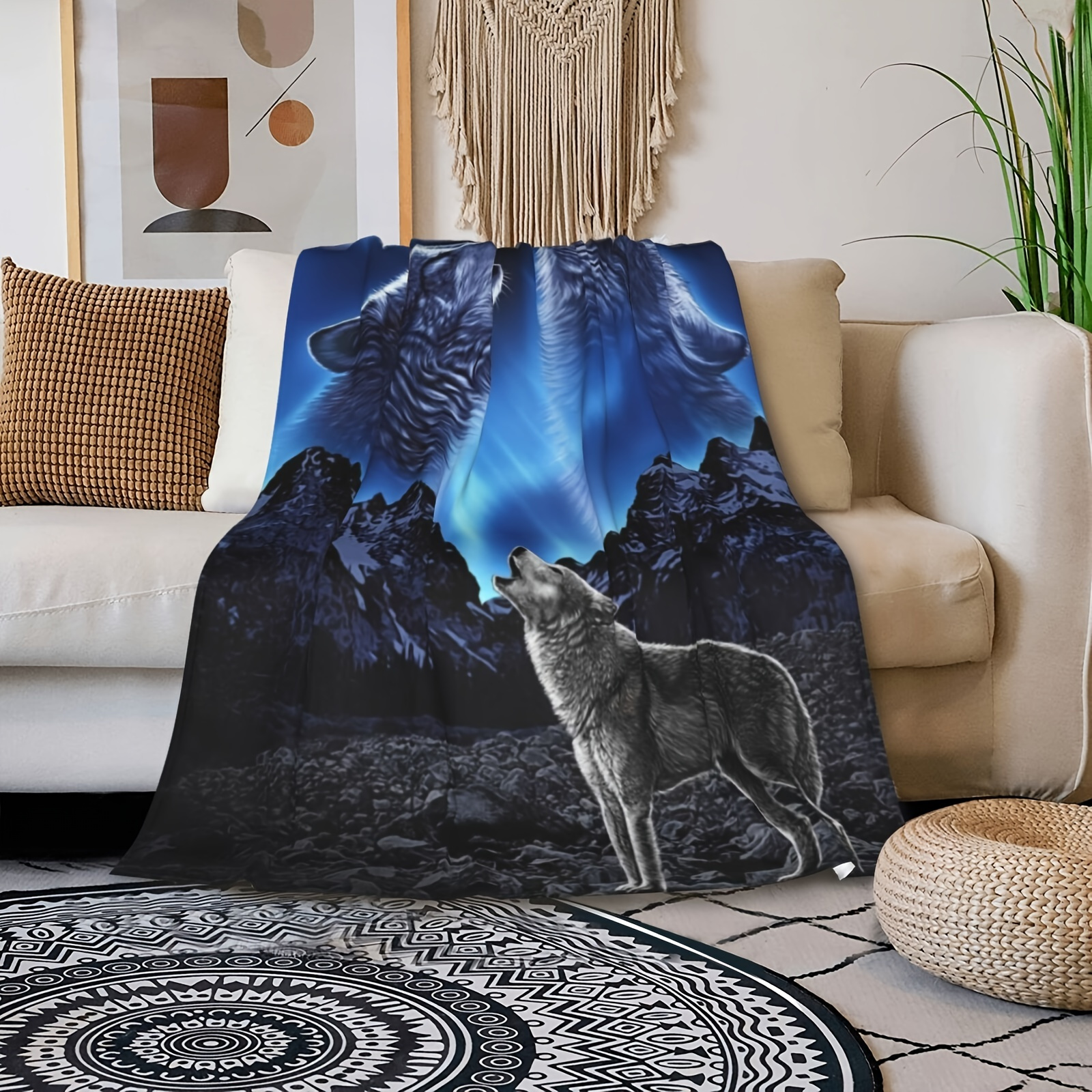 1pc Howling Wolf Fleece Blanket For Bed Wolf Fleece Throw Blanket For ...