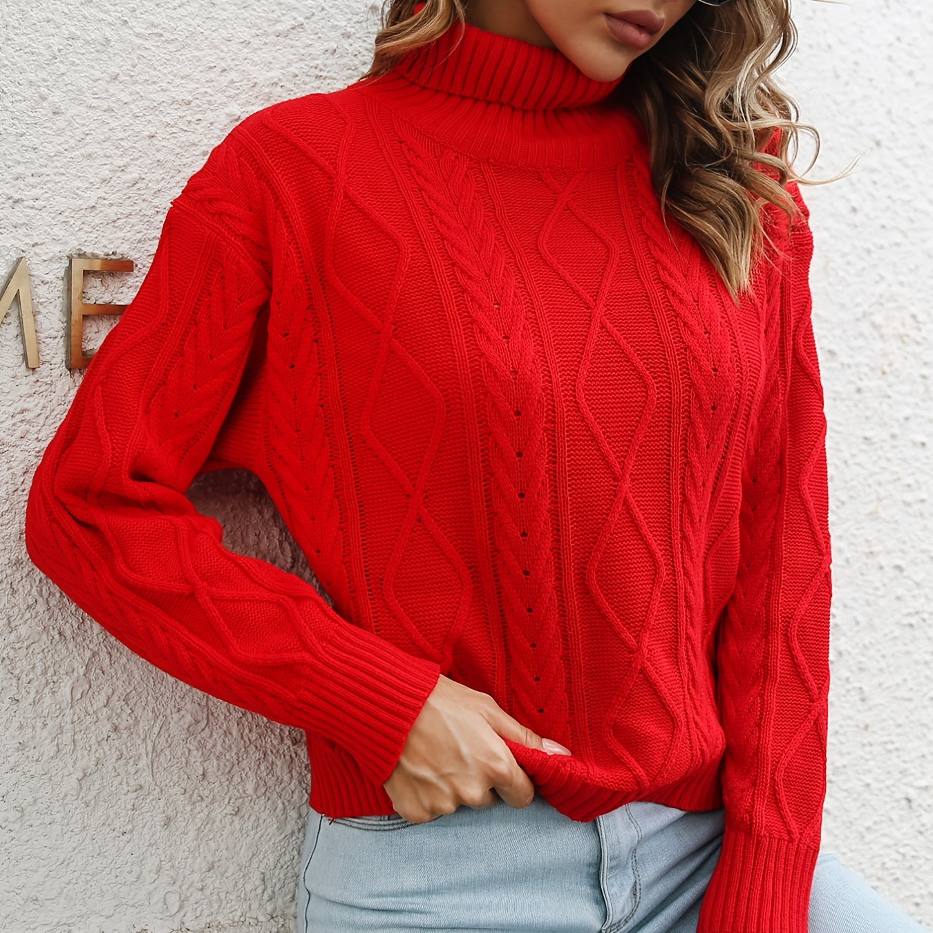 Cable Twist Turtleneck Sweater Casual Long Sleeve Loose Fall Winter