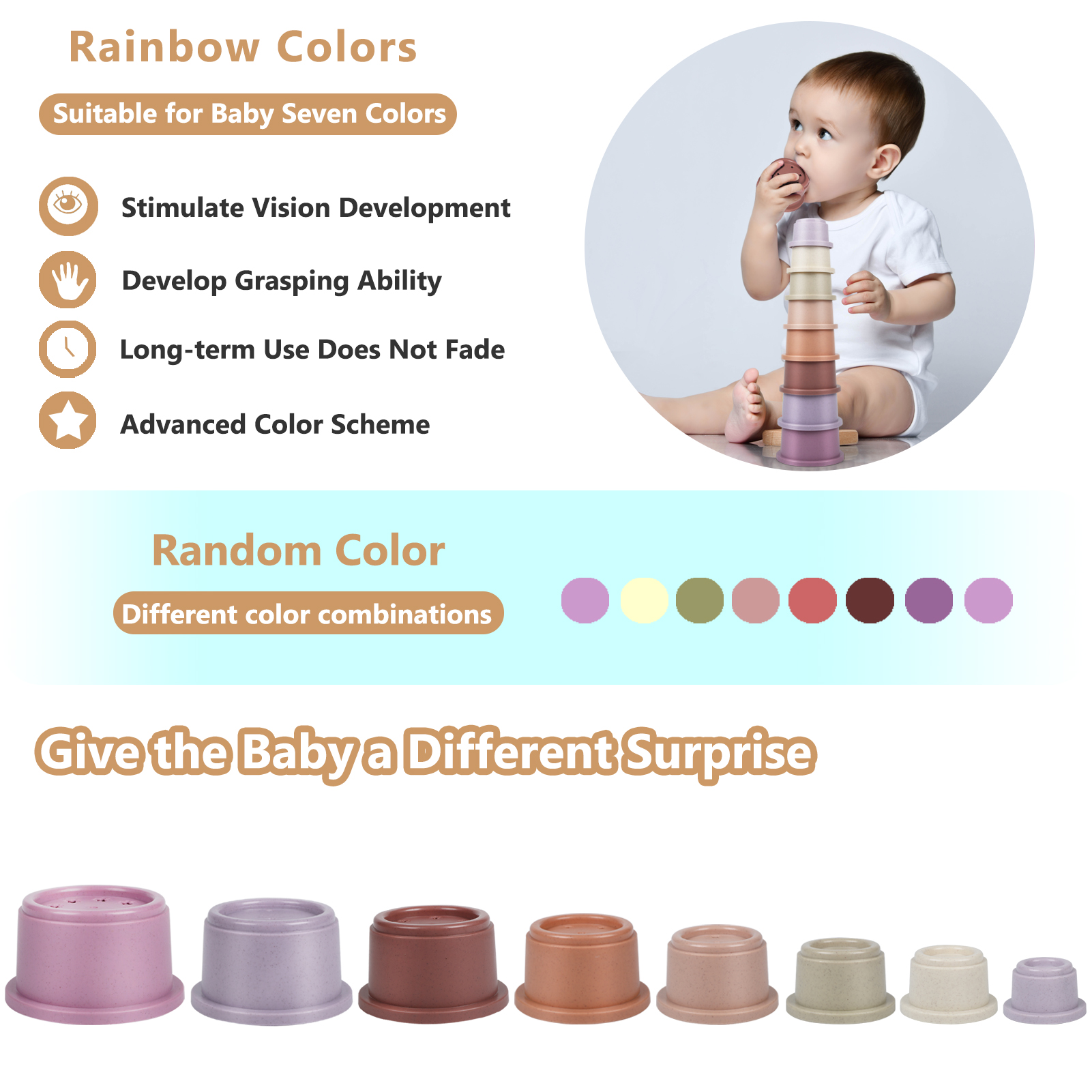 Baby Stacking Cups For Toddlers 1-3, Rainbow Colors Nesting Cups, Tall Baby  Stacking Toy Cup For Baby Bath Toys & Pool Toys, Stack Cups Baby Toy 6  Months+ 