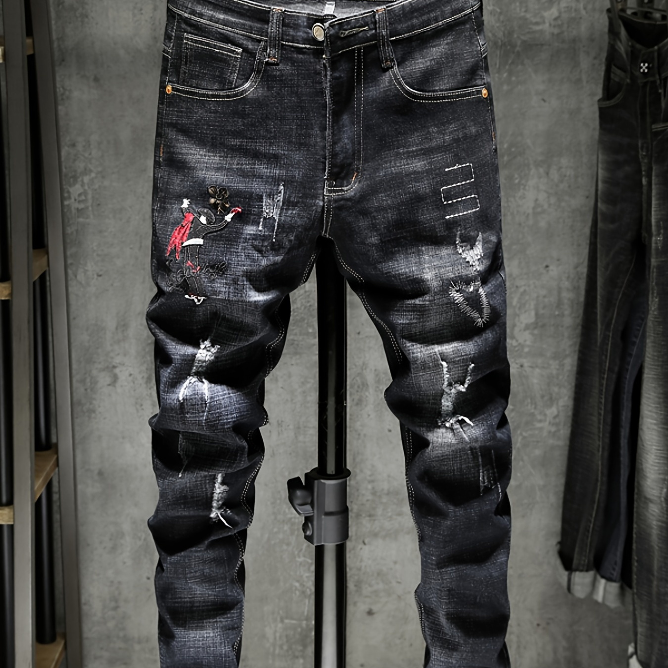 Mens Embroidered Print Denim Jeans Trendy Slim Straight Stretch Black Pants Shop On Temu And 
