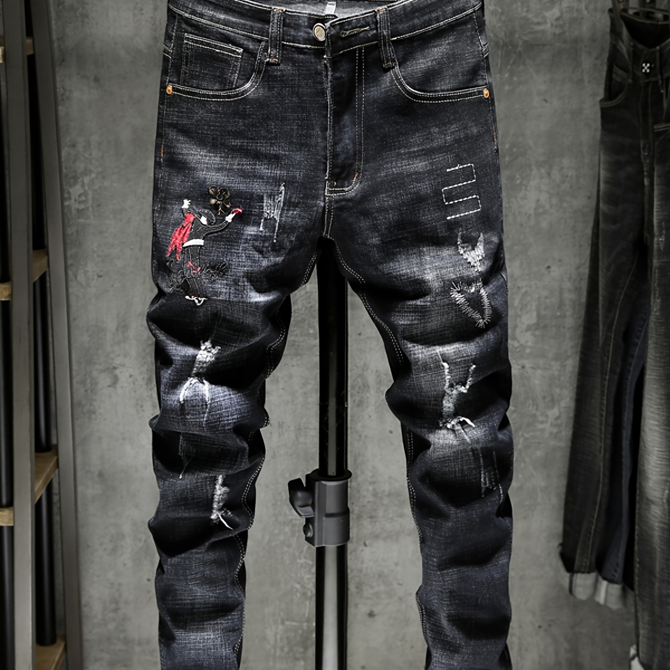 Men s Embroidered Print Denim Jeans Trendy Slim Straight Stretch Black 