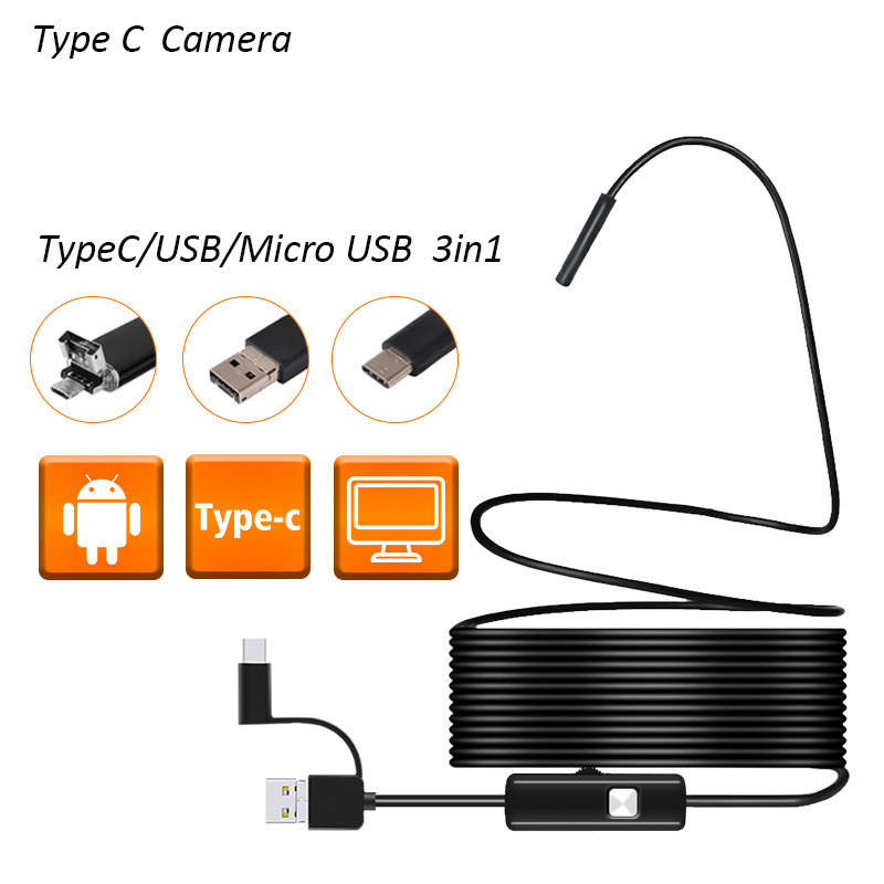 Endoscopio para movil 3 en 1 Mengtech,Camara endoscopica Impermeable, 6 LED  Ajustables, para Android y Tipo C y USB,boroscopio sonda de cámara (7 mm)