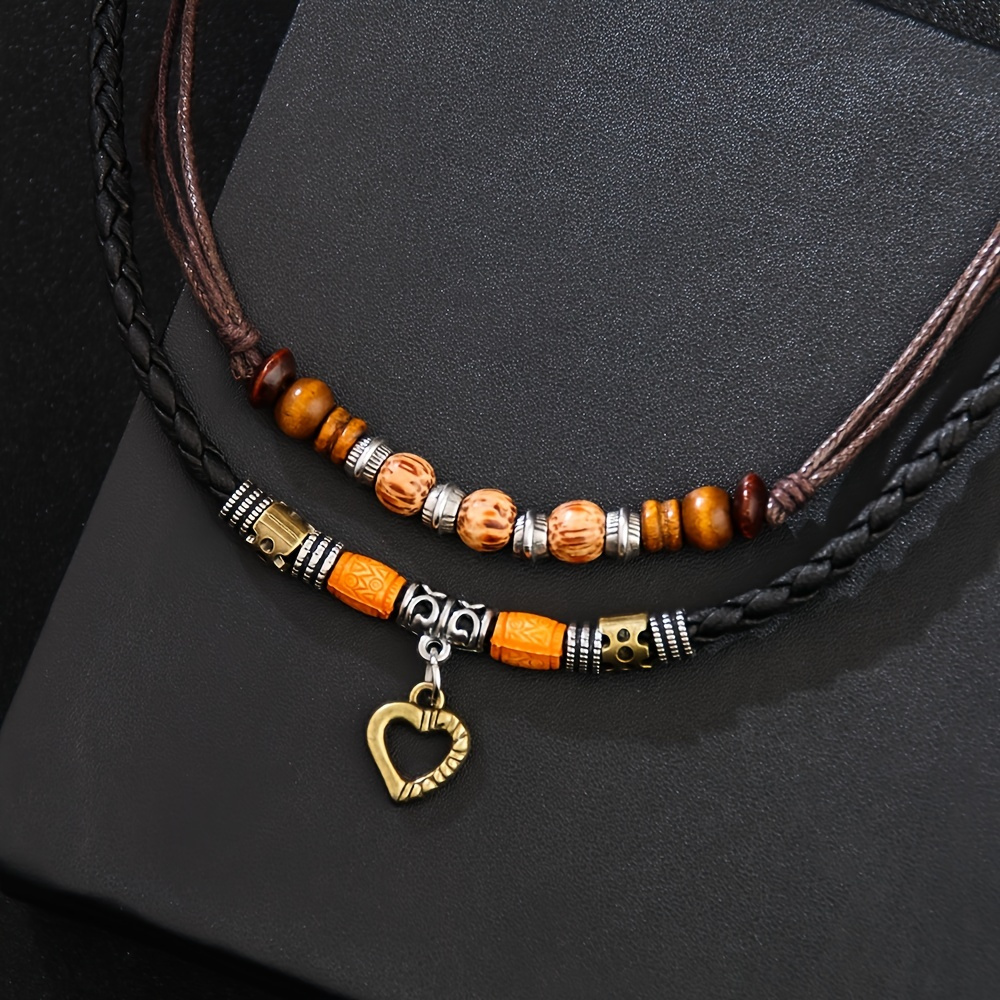 

1pc European And American Retro Personality Wooden Bead Necklace Heart Metal Love Valentine's Day Artificial Jewelry