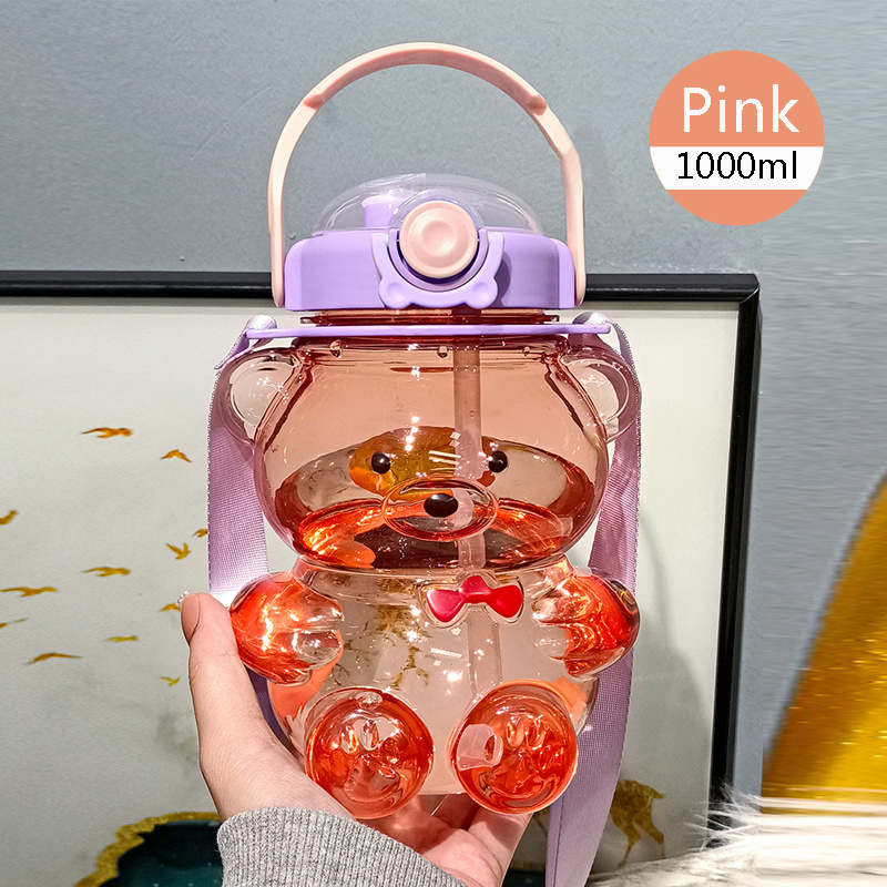 Cute Bear Water Bottle with Straw Handle & Adjustable Strap 1000ml Pink