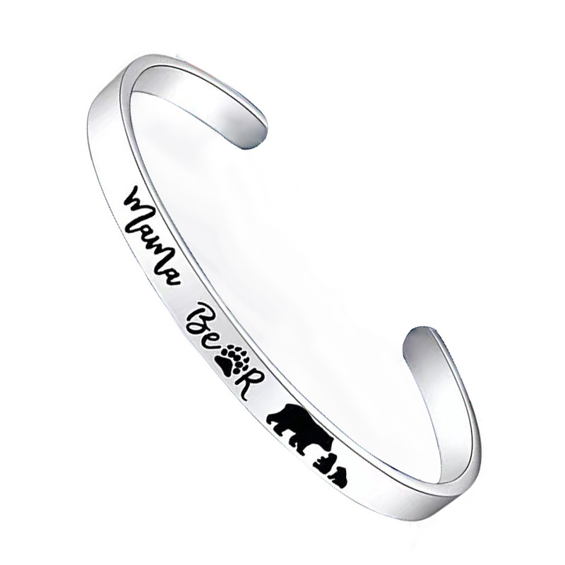 Cool Stainless Steel Silver Mama Bear C-shaped Bangle